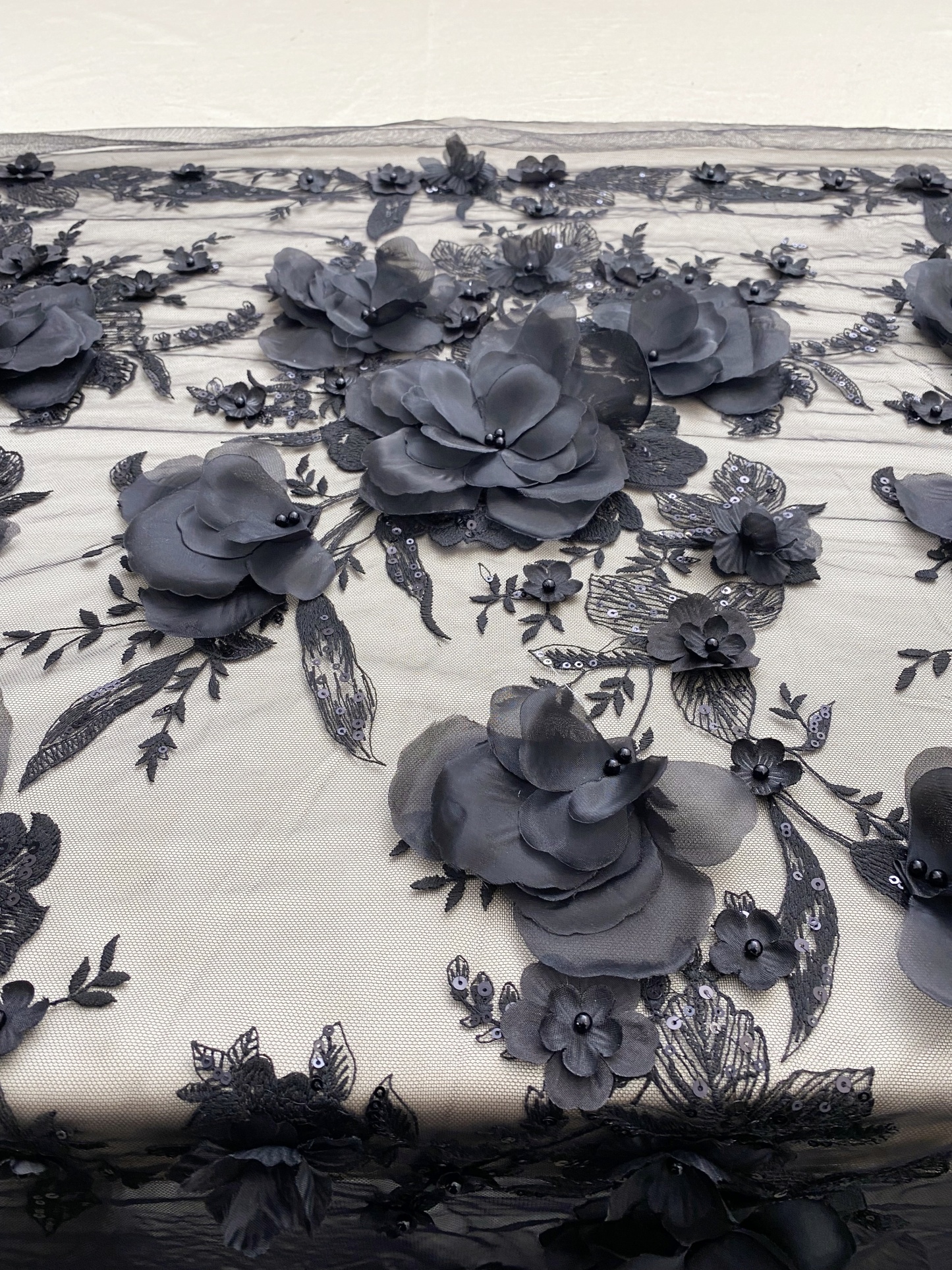 Black 3D Floral Embroidery Lace Fabric With Pearls, Soft Tulle lace For Wedding gown, Evening Dresses, Prom-Dress By The Yard