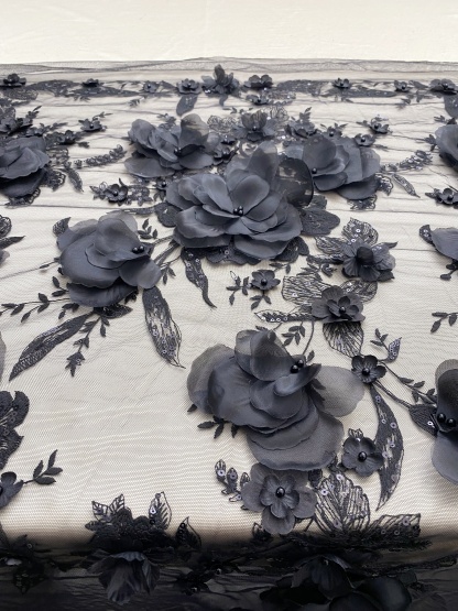 Black 3D Floral Embroidery Lace Fabric With Pearls, Soft Tulle lace For Wedding gown, Evening Dresses, Prom-Dress By The Yard