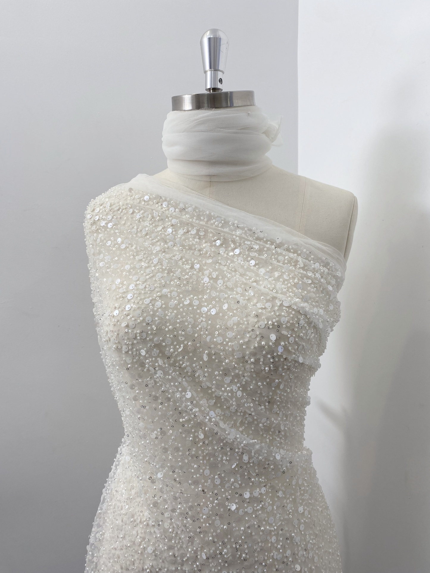 Beads and Sequined Tulle Fabric, Off-White Sequined Bridal Mesh Lace Fabric for Wedding Dress Veil Bridal Gown, Sold by 1 Yard