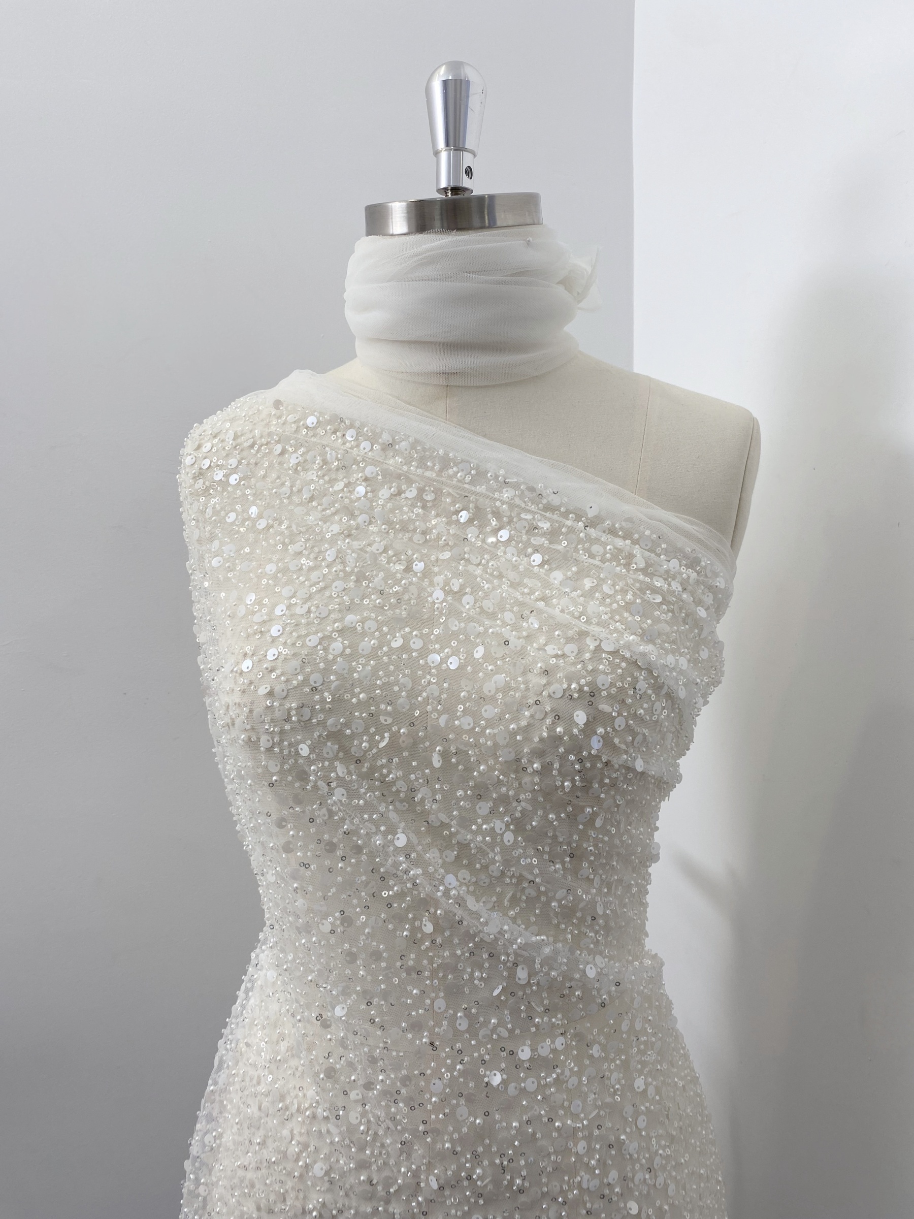 Beads and Sequined Tulle Fabric, Off-White Sequined Bridal Mesh Lace Fabric for Wedding Dress Veil Bridal Gown, Sold by 1 Yard