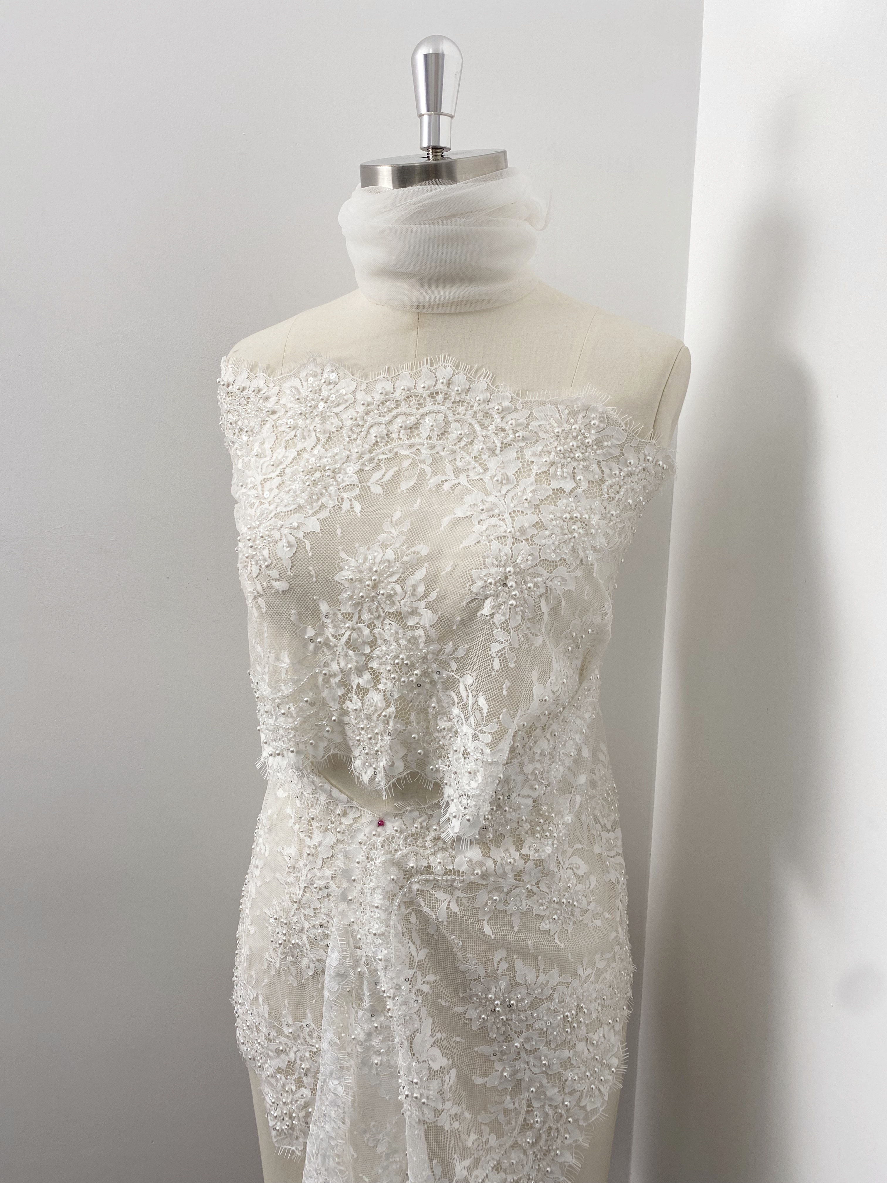 French Chantilly Lace Double Side Scalloped Beaded Lace Trim with Eyelash，Veil Lace Fabric, Bridal Wedding Accessories，Sold as 3-Meter Piece