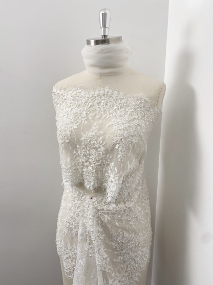 French Chantilly Lace Double Side Scalloped Beaded Lace Trim with Eyelash，Veil Lace Fabric, Bridal Wedding Accessories，Sold as 3-Meter Piece