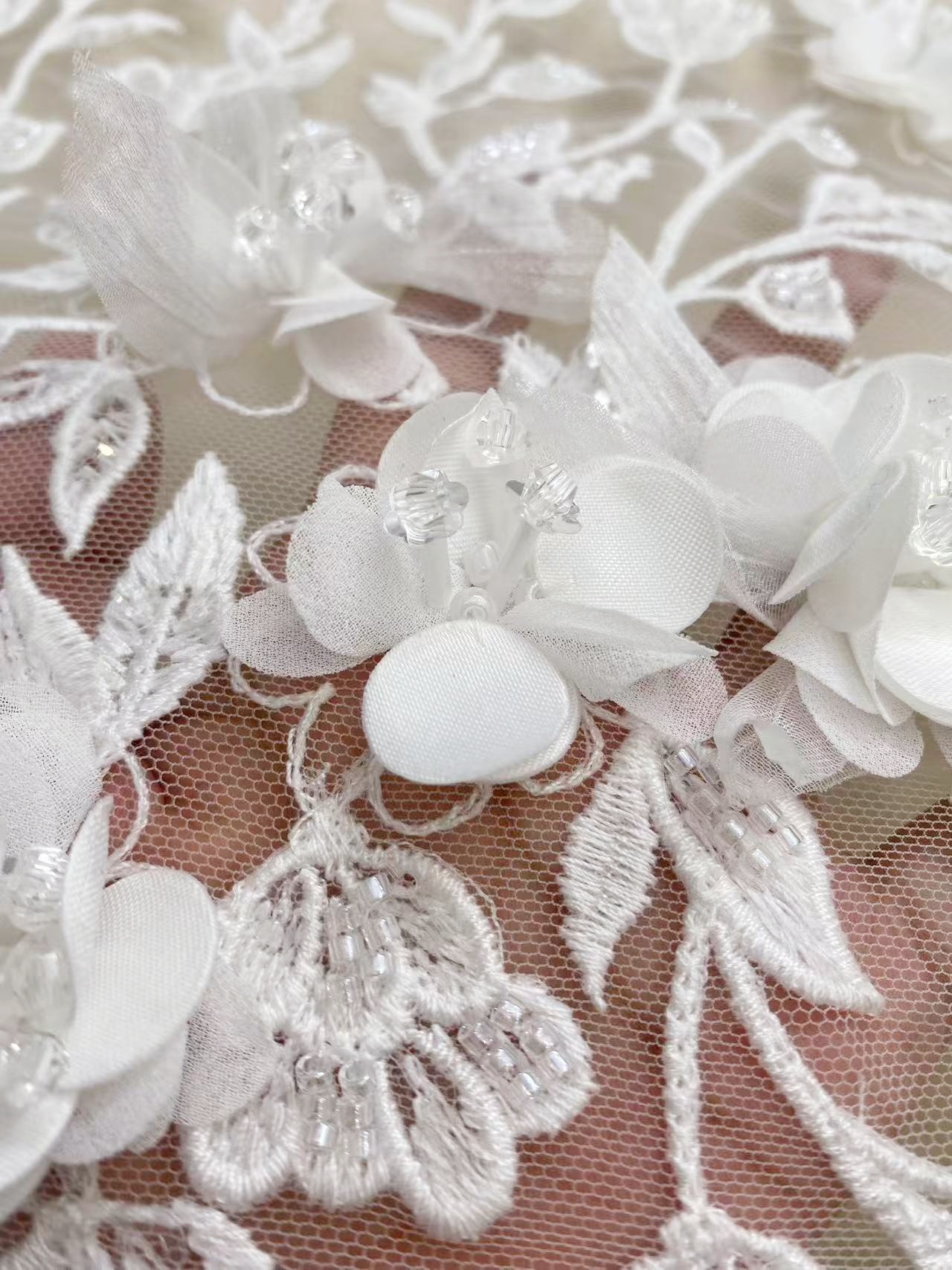 Customized: Ivory Handmade 3D Flower Lace Fabric | Beaded Bridal Lace with Floar Appliques for Wedding Dress,Veil, Couture 