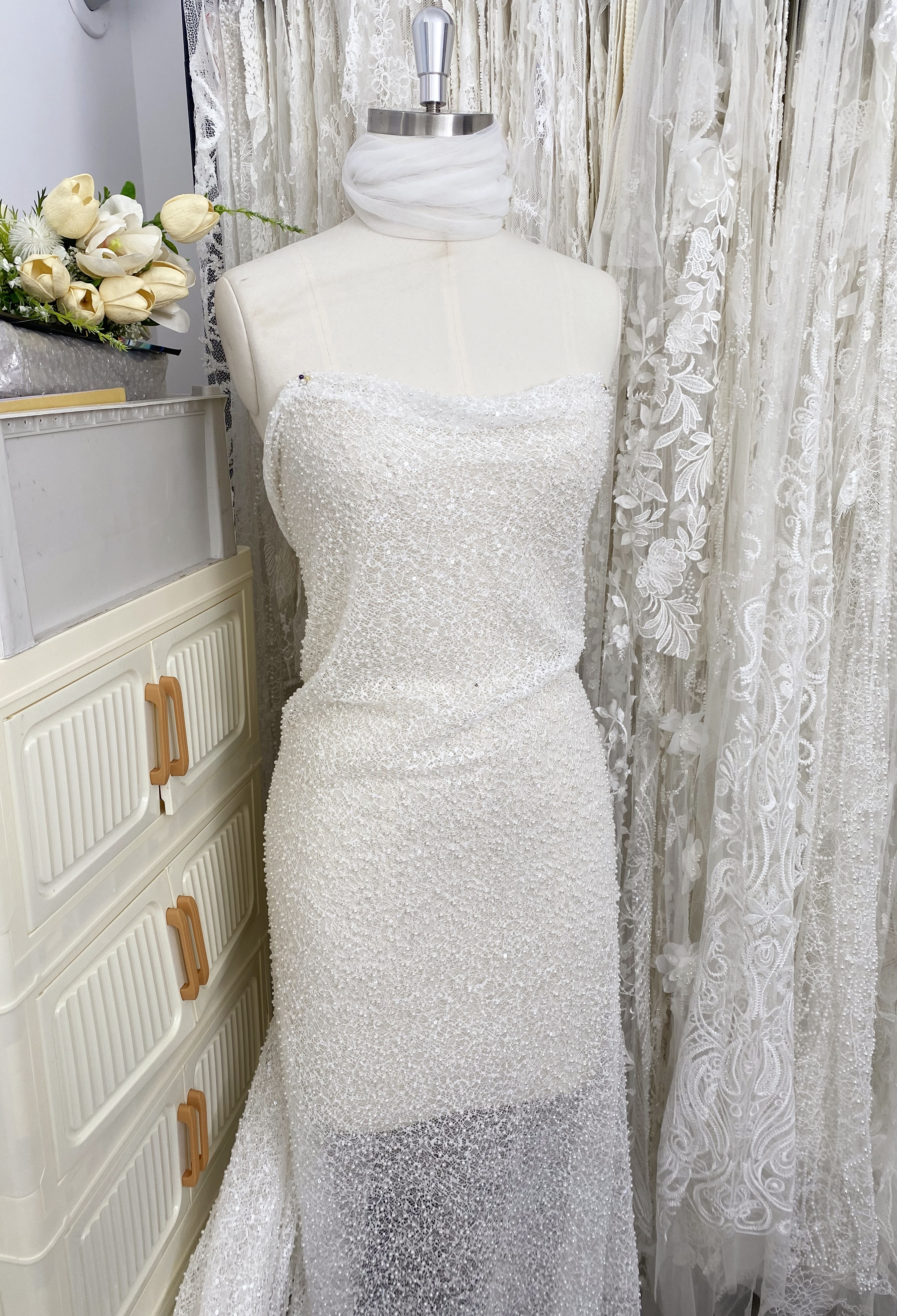 Ivory Beaded Lace Fabric with Pearls, Embroidered Bridal Material for Dresses and Gowns
