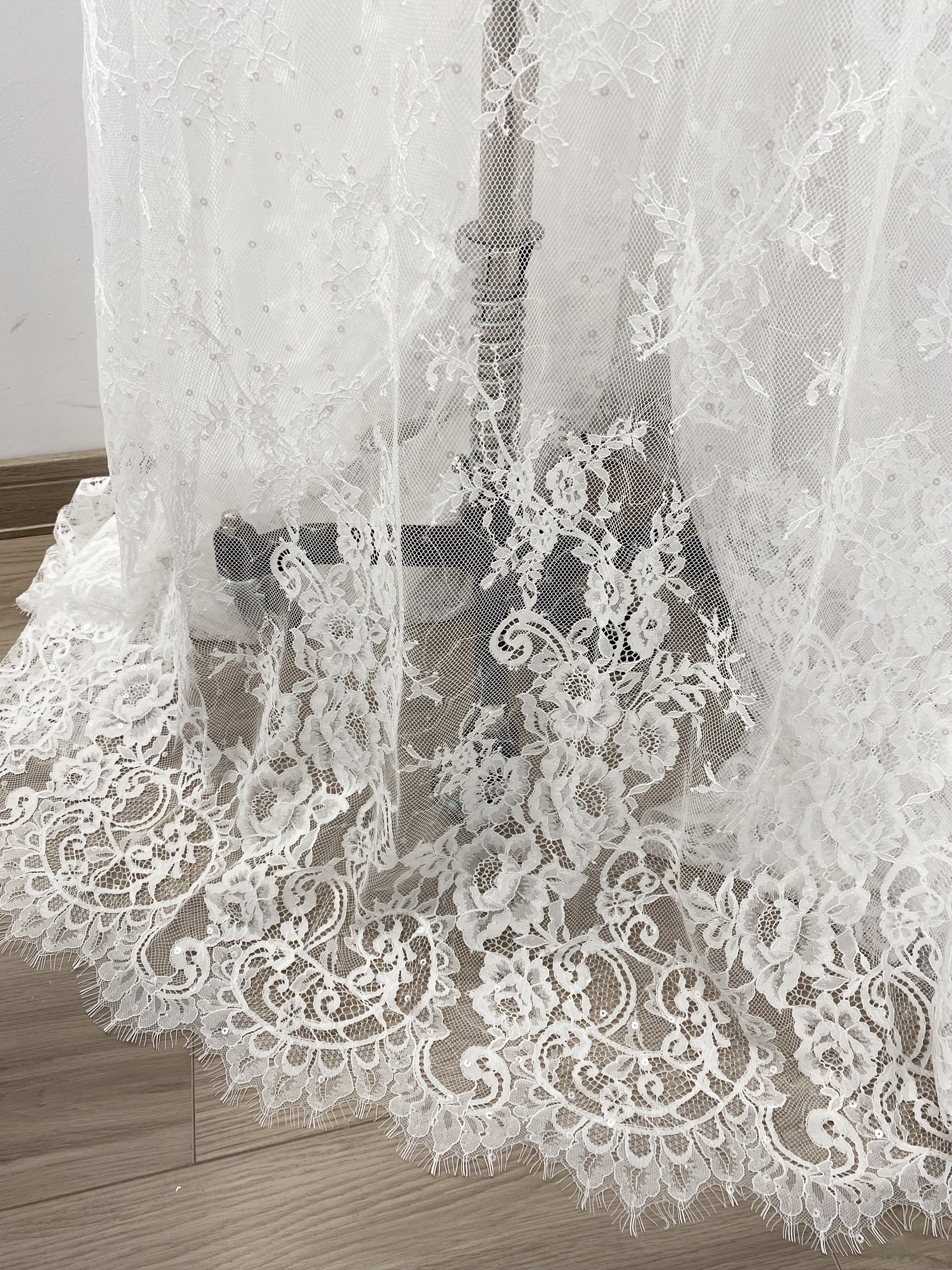 3 Meter French Chantilly Lace Fabric with Sequins, White Soft Wedding Lace with Scalloped Edge for Wedding Dress Veil Lace Robe
