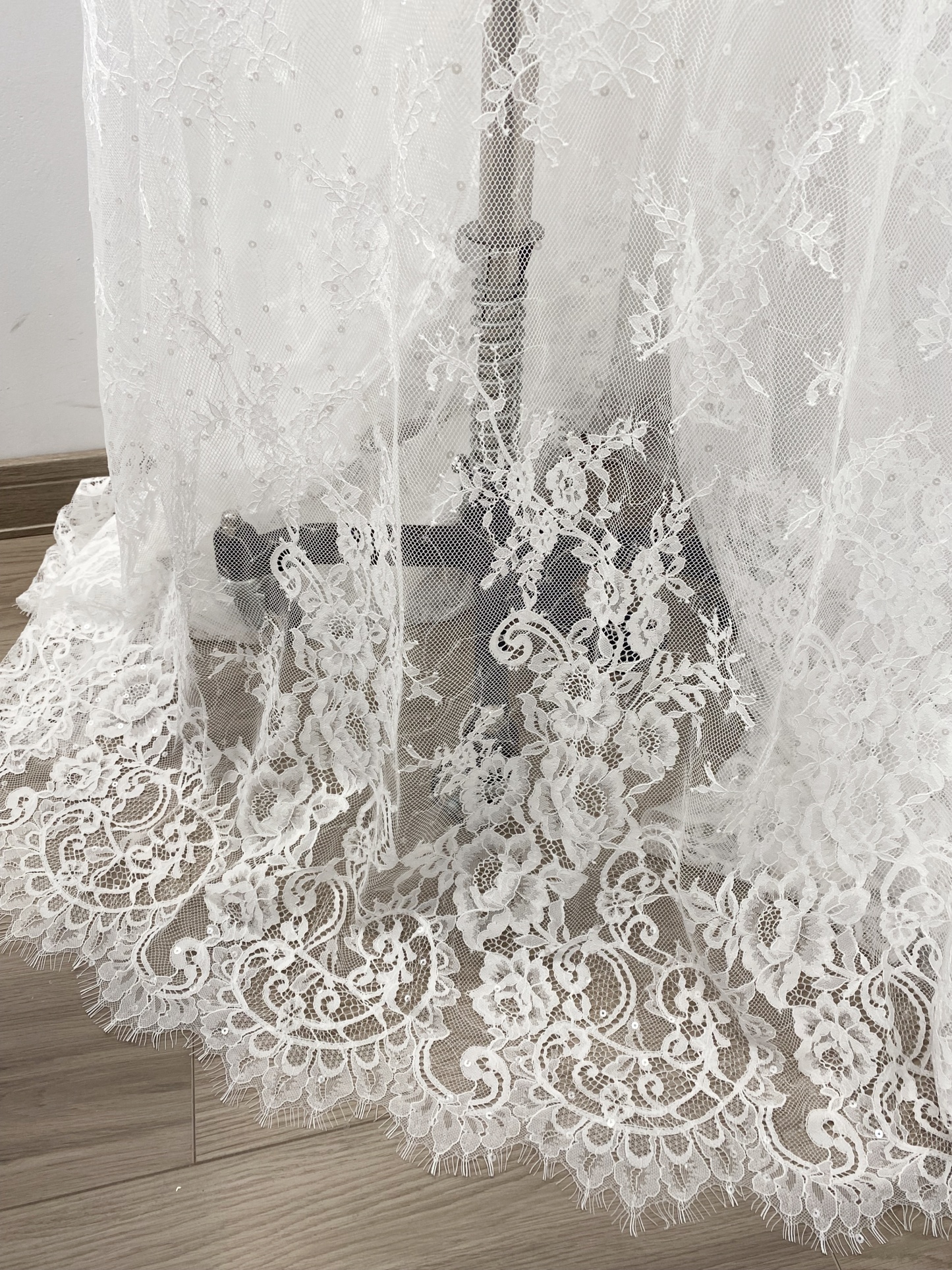 3 Meter French Chantilly Lace Fabric with Sequins, White Soft Wedding Lace with Scalloped Edge for Wedding Dress Veil Lace Robe