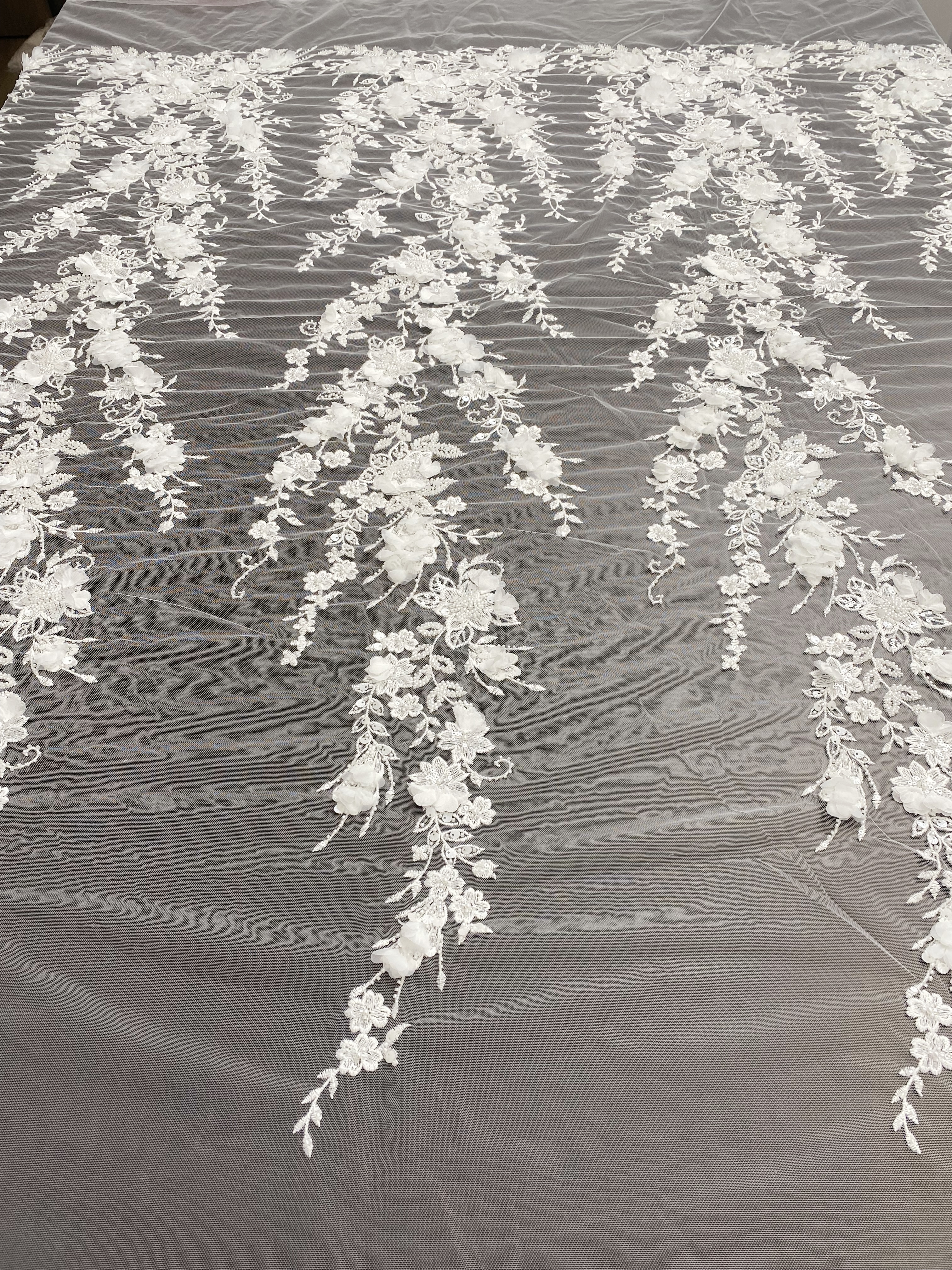 Ivory 3D Flower Lace Fabric with Pearls, Beaded Embroidered Tulle Lace For Bridal Veil Wedding Dress Prom, Evening gown, by 1 Yard