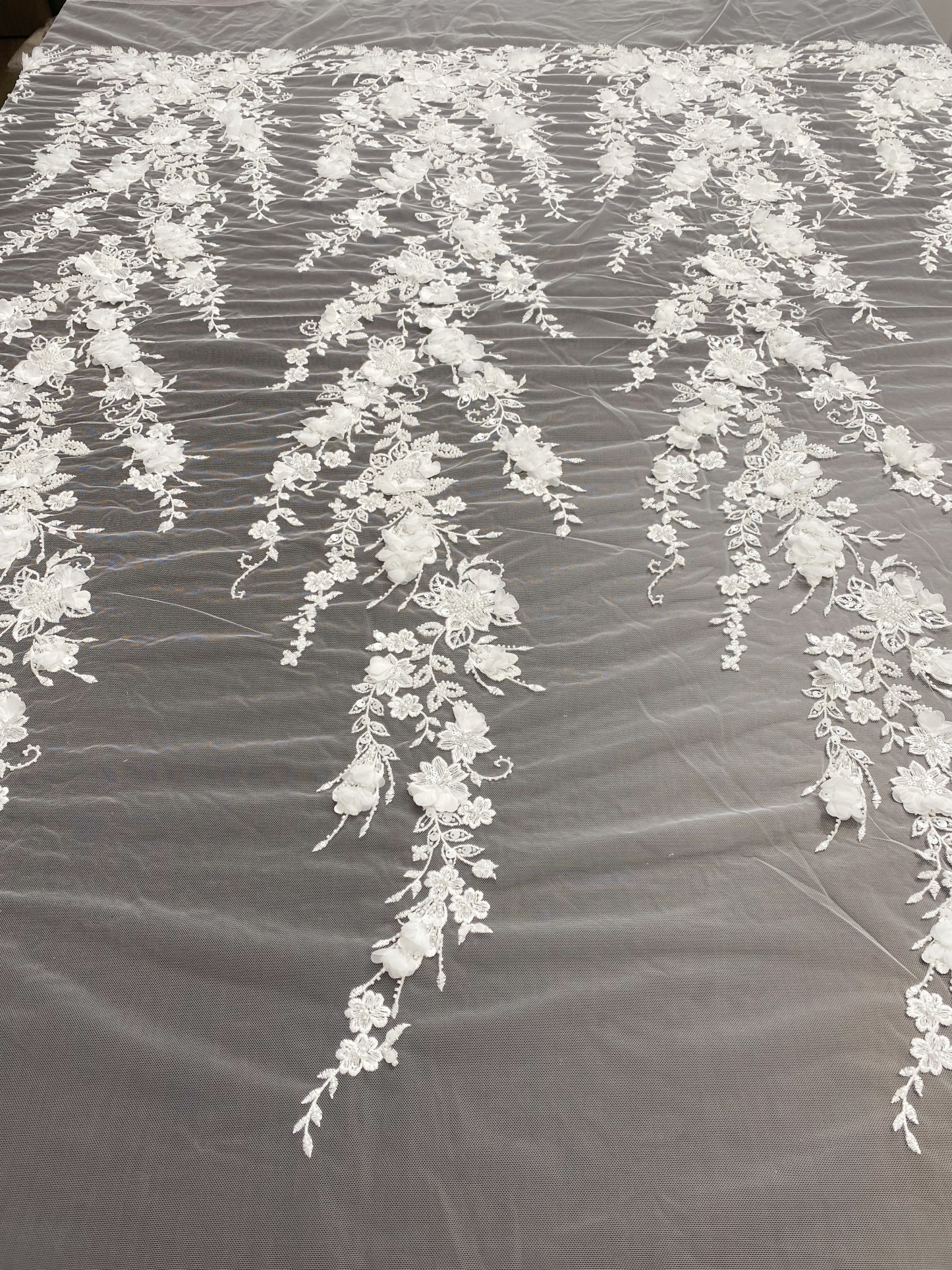 Ivory 3D Flower Lace Fabric with Pearls, Beaded Embroidered Tulle Lace For Bridal Veil Wedding Dress Prom, Evening gown, by 1 Yard