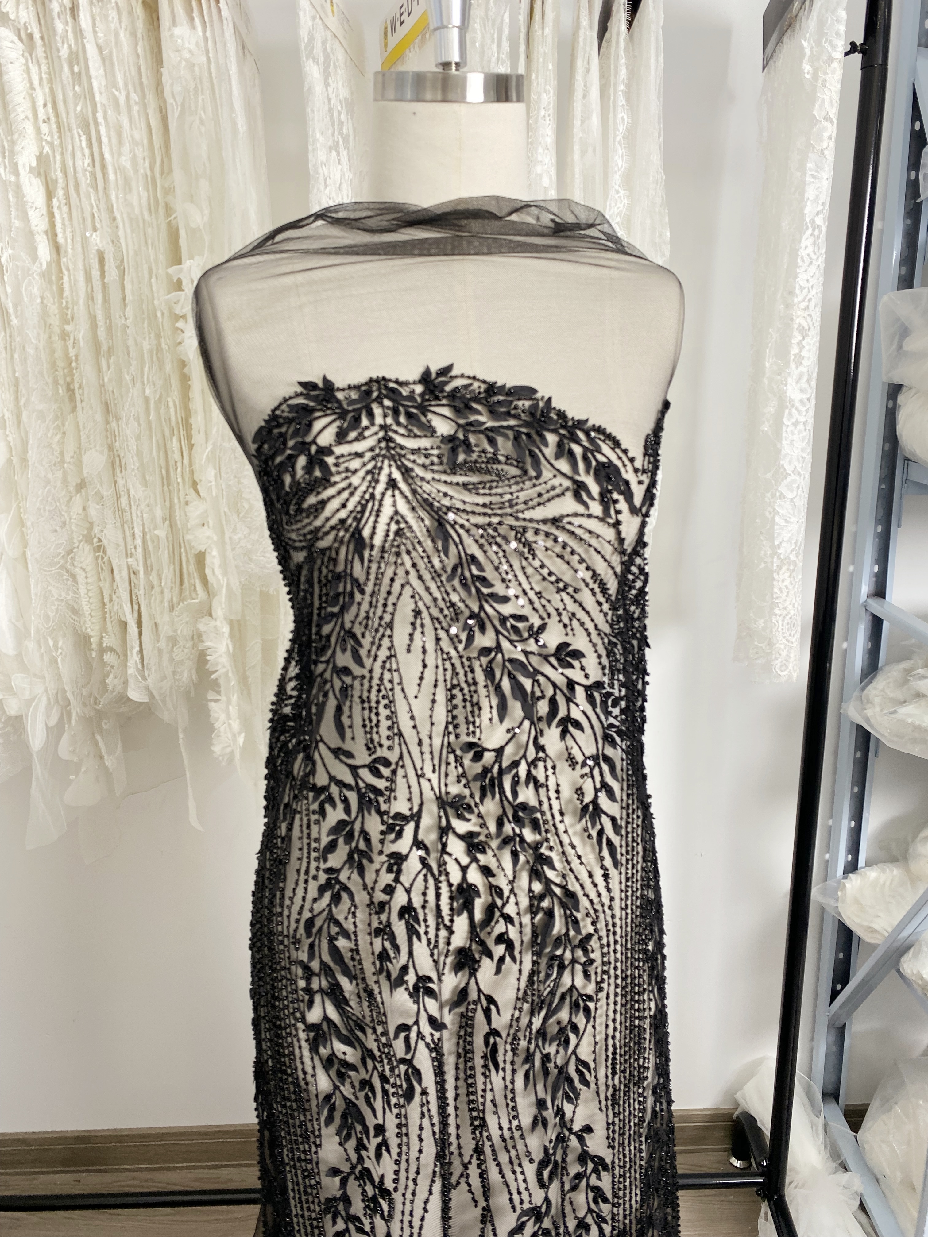 Black Leaf Lace Fabric, Soft Beaded Floral Embroidery with 3D Leaves on Mesh for Gowns, Veils, Evening Dresses, Couture DIY