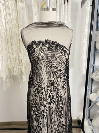 Black Leaf Lace Fabric, Soft Beaded Floral Embroidery with 3D Leaves on Mesh for Gowns, Veils, Evening Dresses, Couture DIY