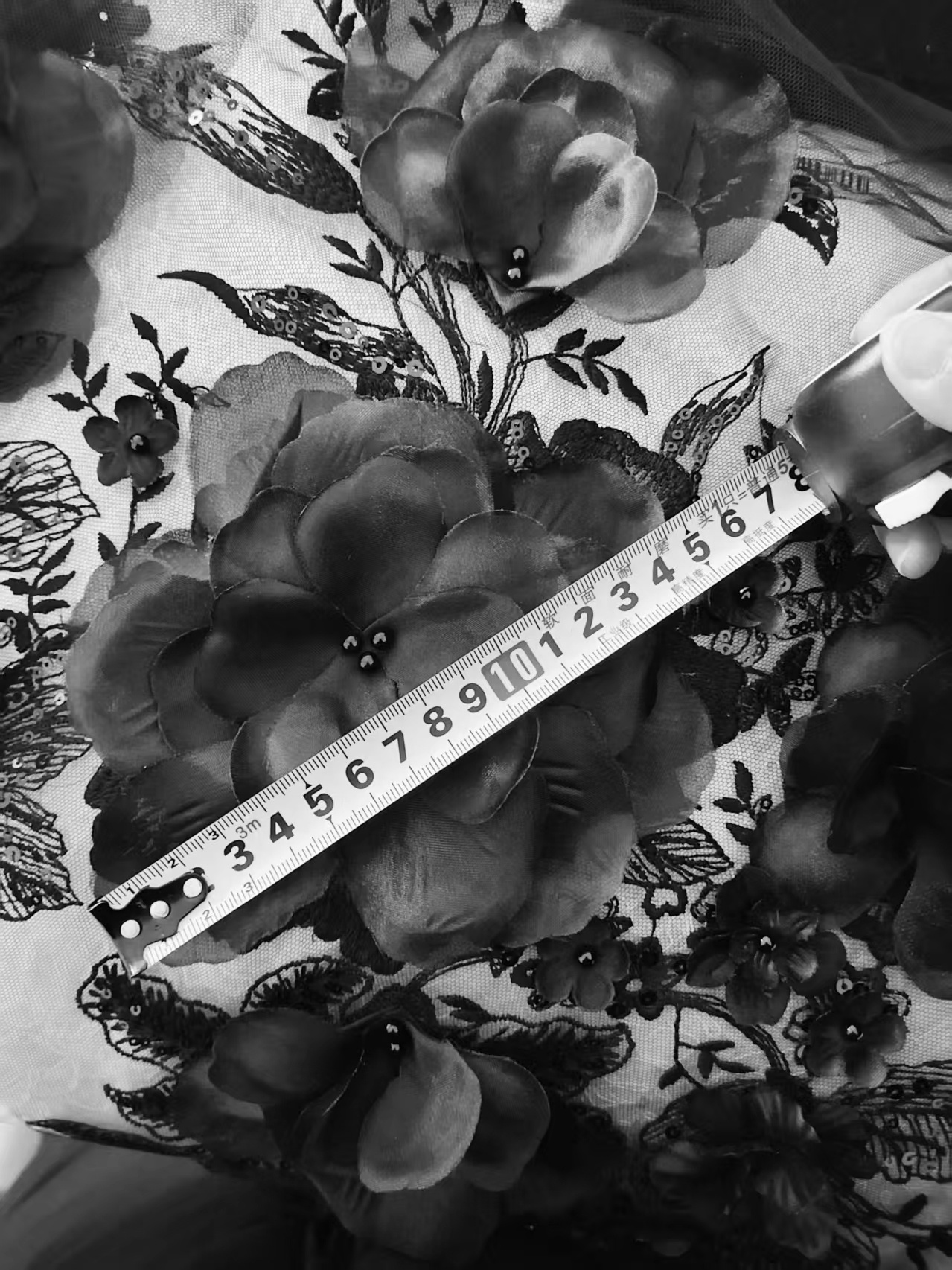 Black 3D Floral Embroidery Lace Fabric With Pearls, Soft Tulle lace For Wedding gown, Evening Dresses, Prom-Dress By The Yard