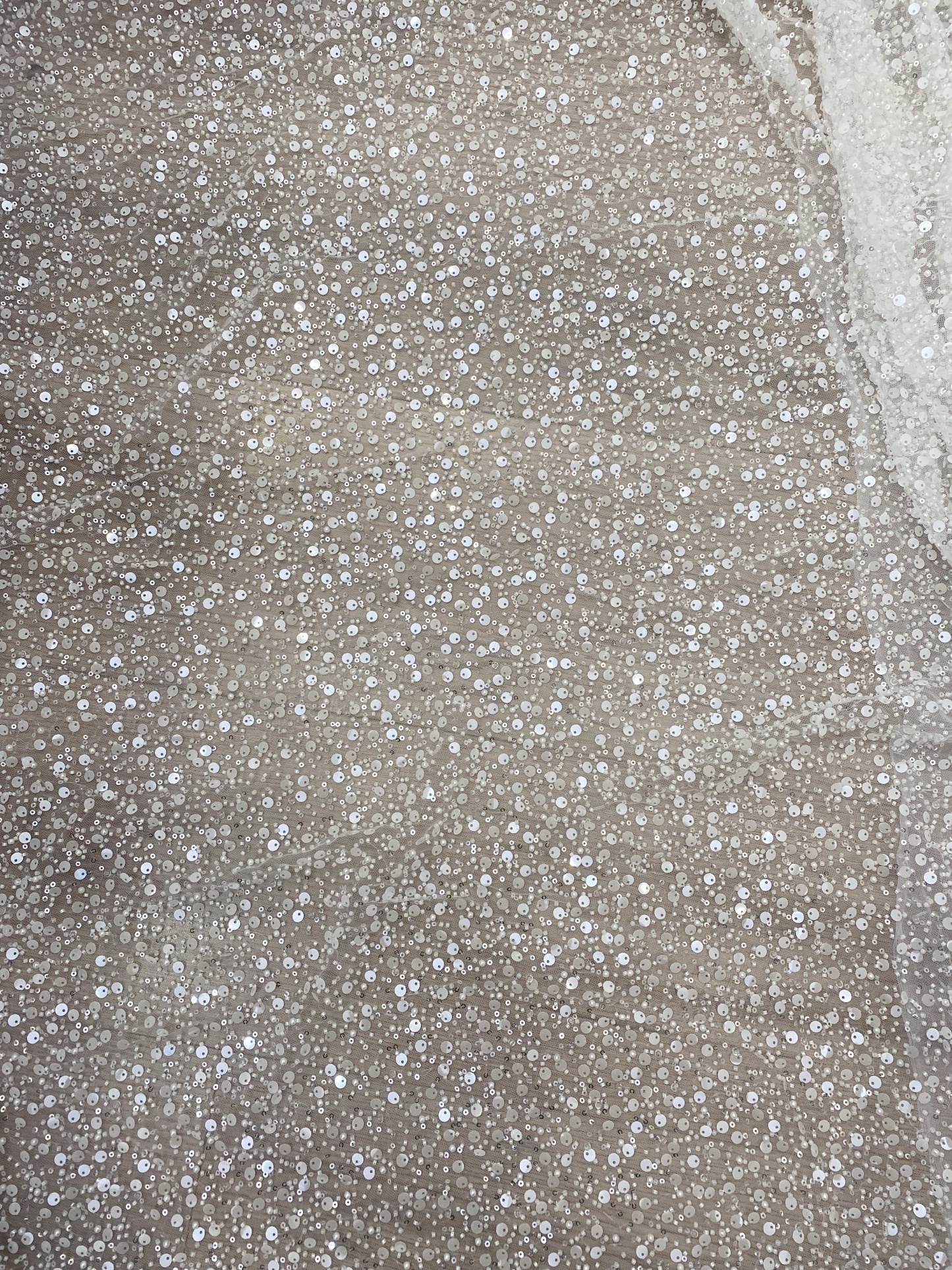 Beads and Sequined Tulle Fabric, Off-White Sequined Bridal Mesh Lace Fabric for Wedding Dress Veil Bridal Gown, Sold by 1 Yard