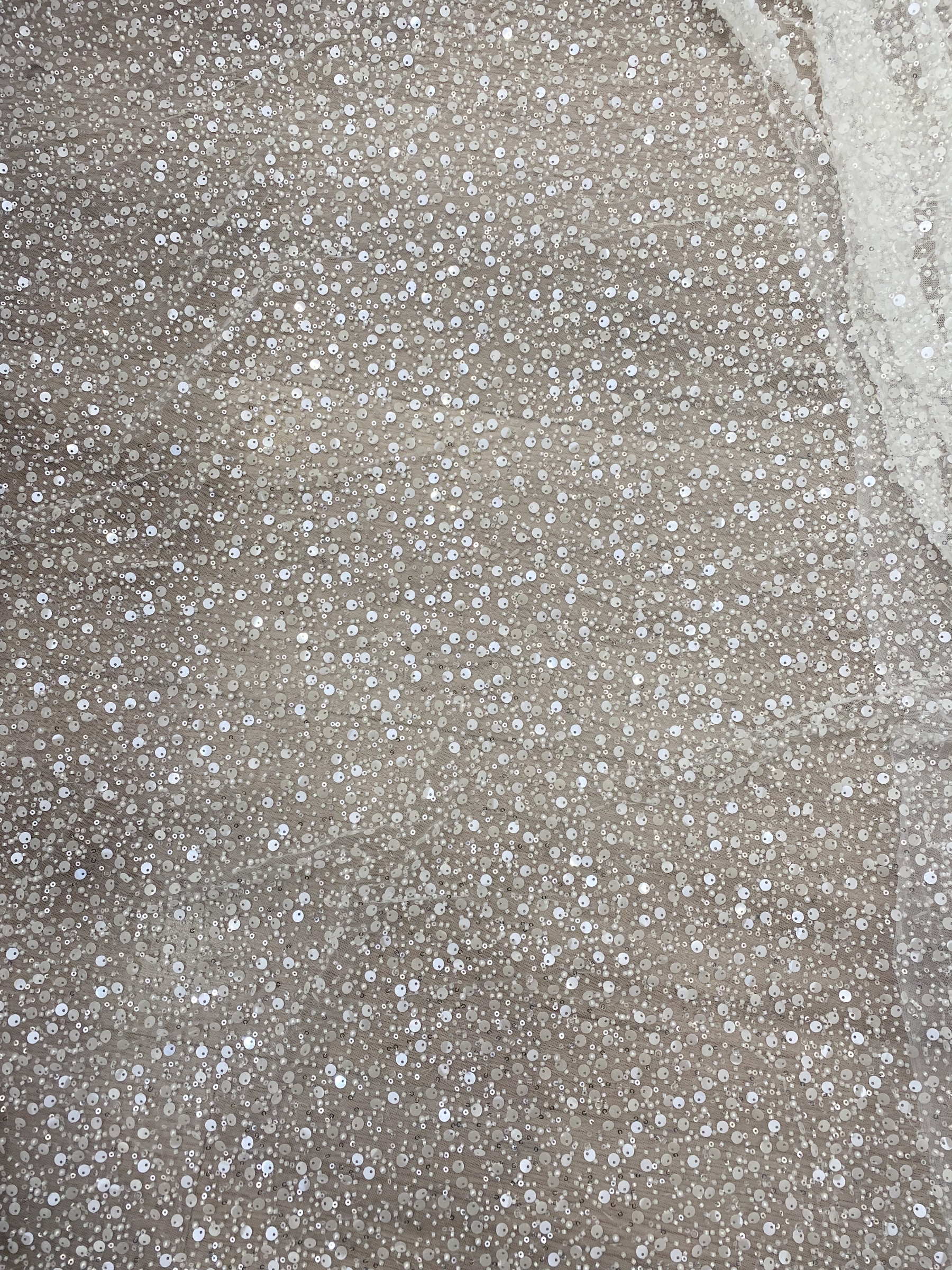 Beads and Sequined Tulle Fabric, Off-White Sequined Bridal Mesh Lace Fabric for Wedding Dress Veil Bridal Gown, Sold by 1 Yard