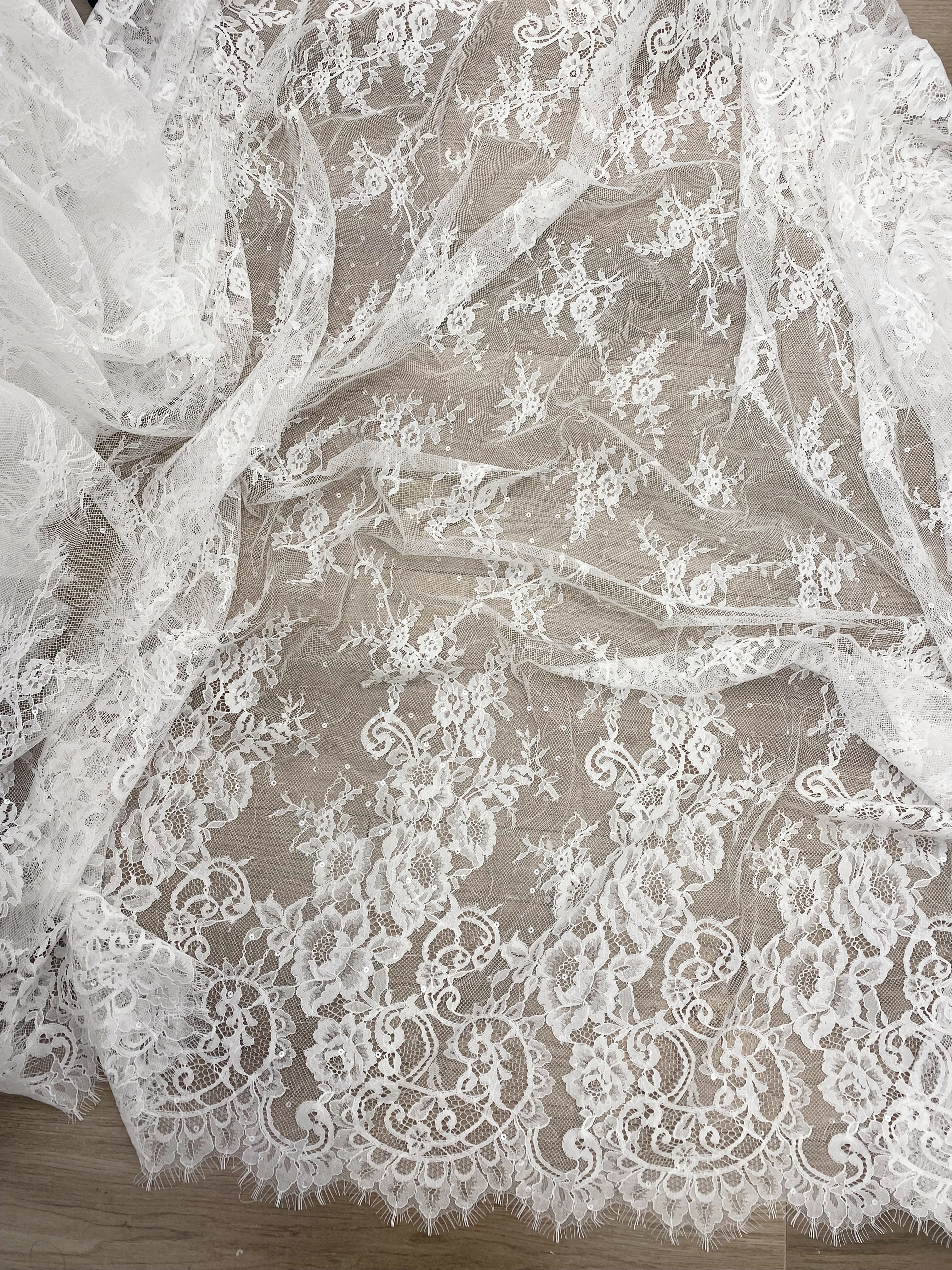 3 Meter French Chantilly Lace Fabric with Sequins, White Soft Wedding Lace with Scalloped Edge for Wedding Dress Veil Lace Robe