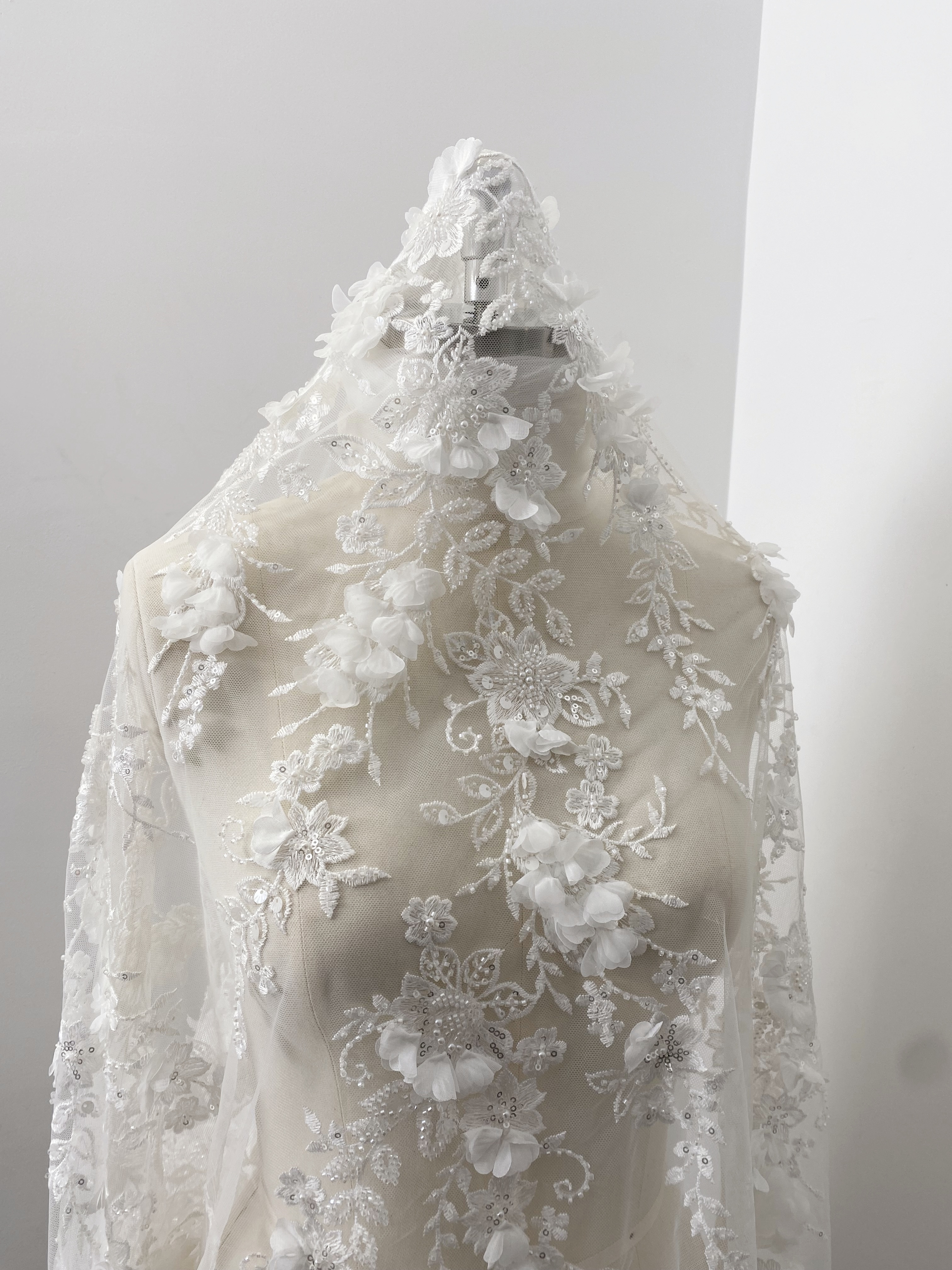 Ivory 3D Flower Lace Fabric with Pearls, Beaded Embroidered Tulle Lace For Bridal Veil Wedding Dress Prom, Evening gown, by 1 Yard