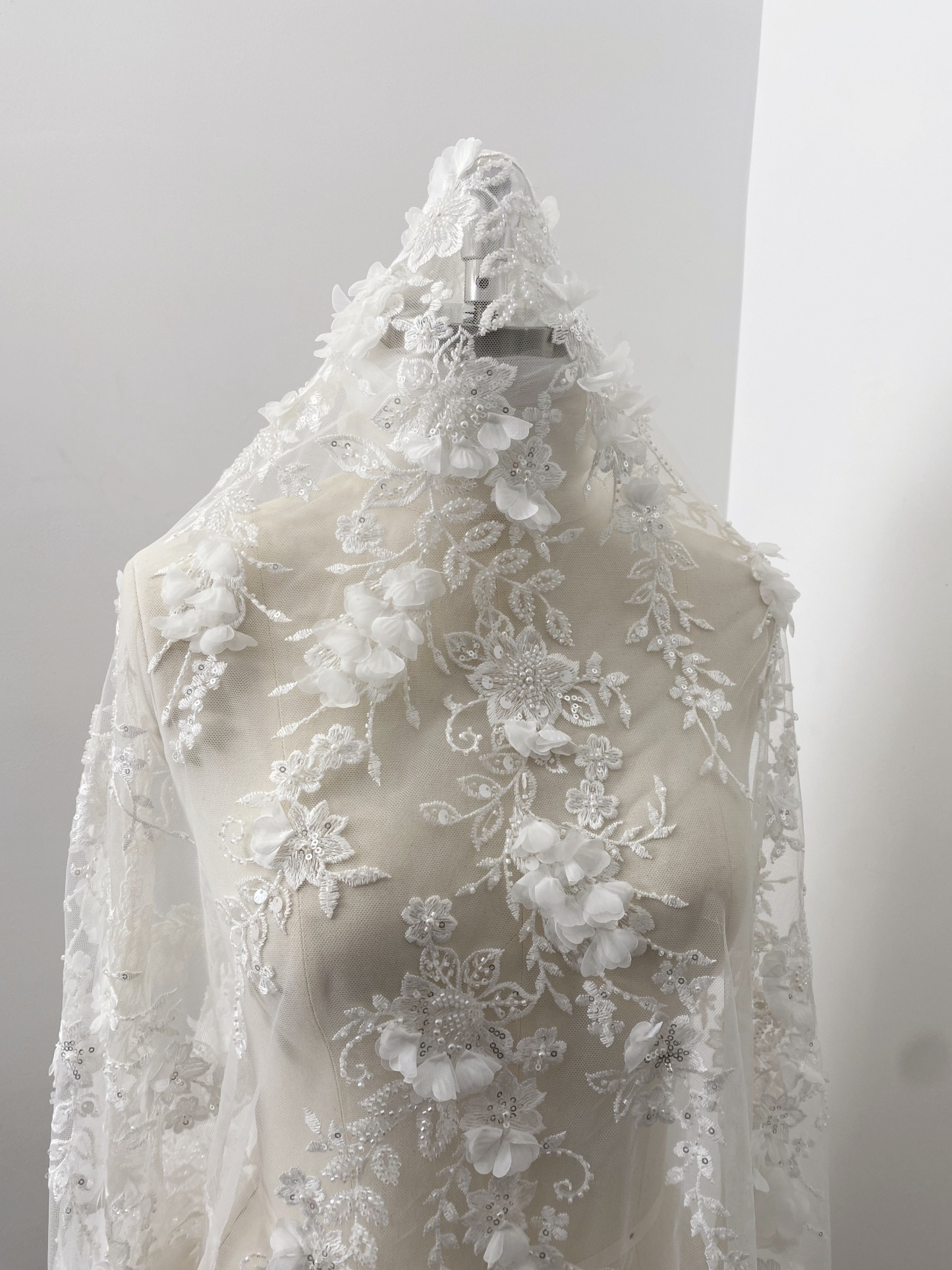 Ivory 3D Flower Lace Fabric with Pearls, Beaded Embroidered Tulle Lace For Bridal Veil Wedding Dress Prom, Evening gown, by 1 Yard