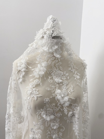 Ivory 3D Flower Lace Fabric with Pearls, Beaded Embroidered Tulle Lace For Bridal Veil Wedding Dress Prom, Evening gown, by 1 Yard