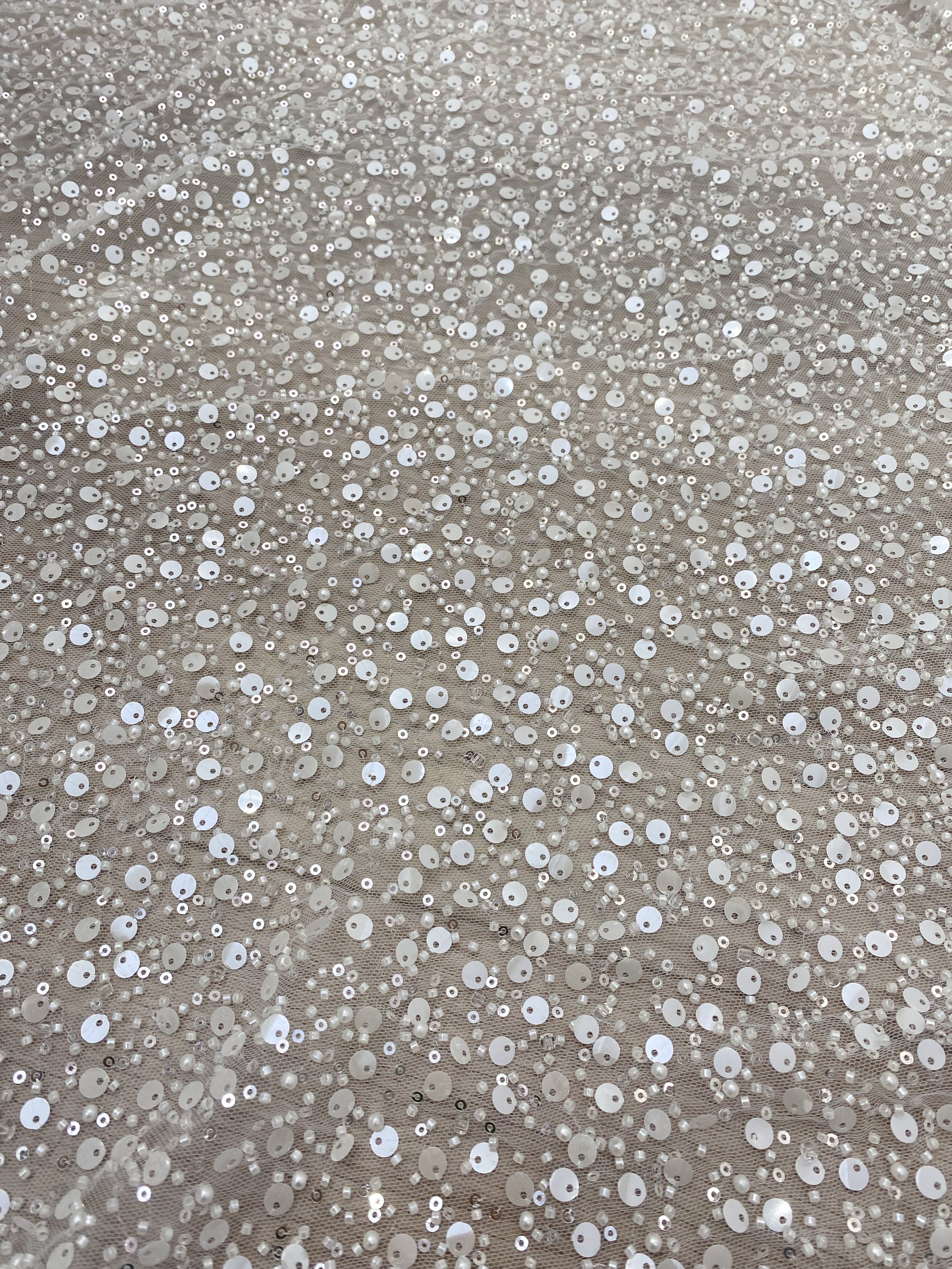 Beads and Sequined Tulle Fabric, Off-White Sequined Bridal Mesh Lace Fabric for Wedding Dress Veil Bridal Gown, Sold by 1 Yard