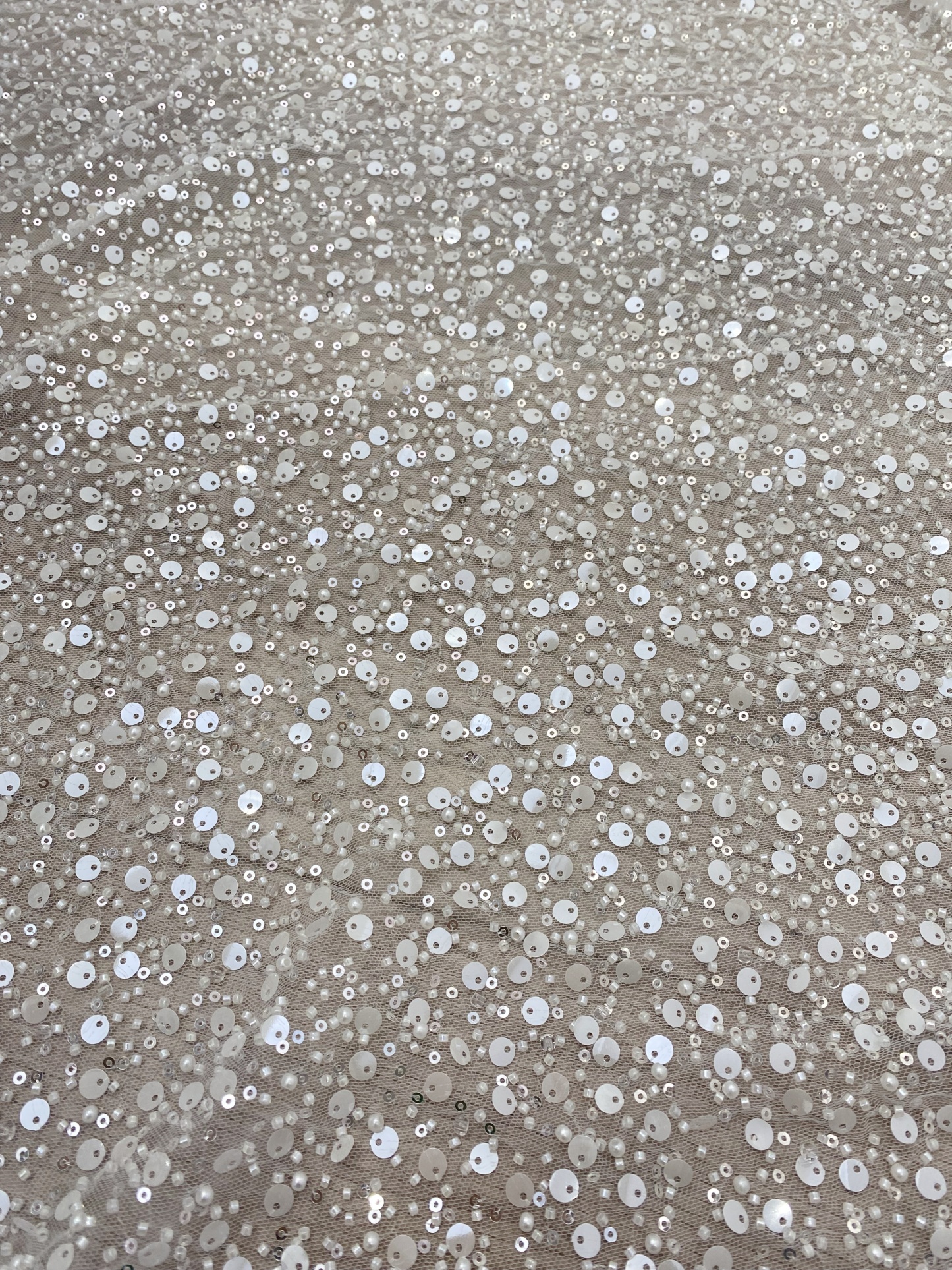 Beads and Sequined Tulle Fabric, Off-White Sequined Bridal Mesh Lace Fabric for Wedding Dress Veil Bridal Gown, Sold by 1 Yard