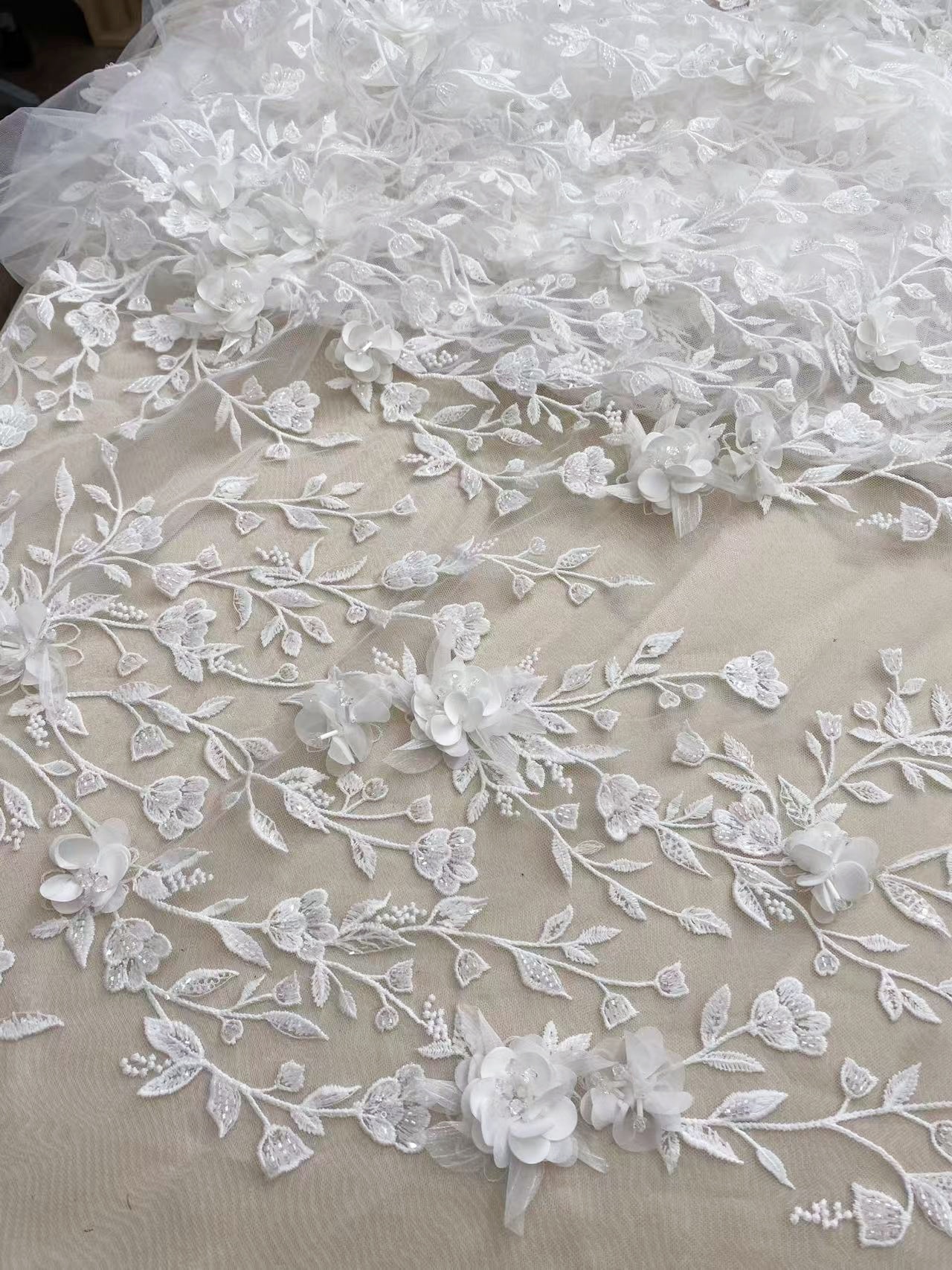 Customized: Ivory Handmade 3D Flower Lace Fabric | Beaded Bridal Lace with Floar Appliques for Wedding Dress,Veil, Couture 