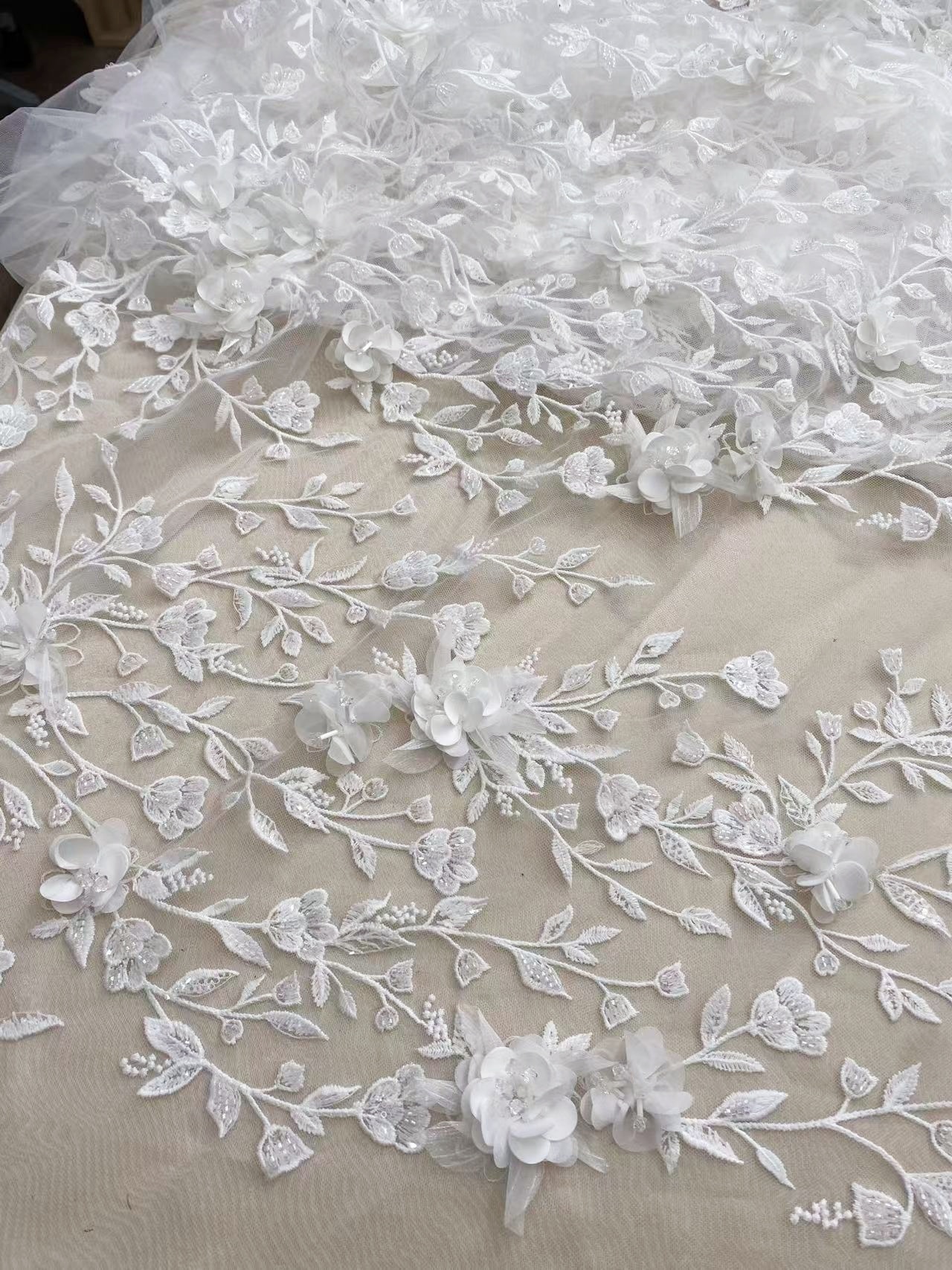 Customized: Ivory Handmade 3D Flower Lace Fabric | Beaded Bridal Lace with Floar Appliques for Wedding Dress,Veil, Couture 