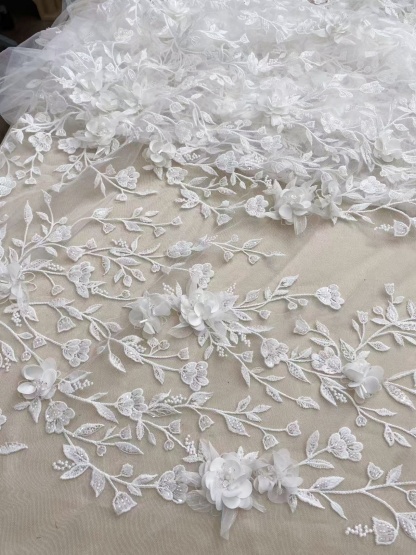 Customized: Ivory Handmade 3D Flower Lace Fabric | Beaded Bridal Lace with Floar Appliques for Wedding Dress,Veil, Couture 