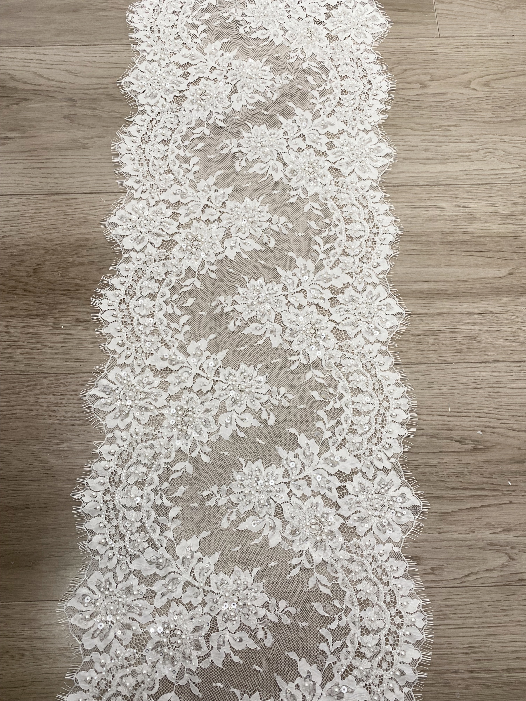 French Chantilly Lace Double Side Scalloped Beaded Lace Trim with Eyelash，Veil Lace Fabric, Bridal Wedding Accessories，Sold as 3-Meter Piece