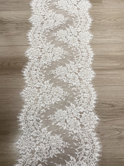 French Chantilly Lace Double Side Scalloped Beaded Lace Trim with Eyelash，Veil Lace Fabric, Bridal Wedding Accessories，Sold as 3-Meter Piece