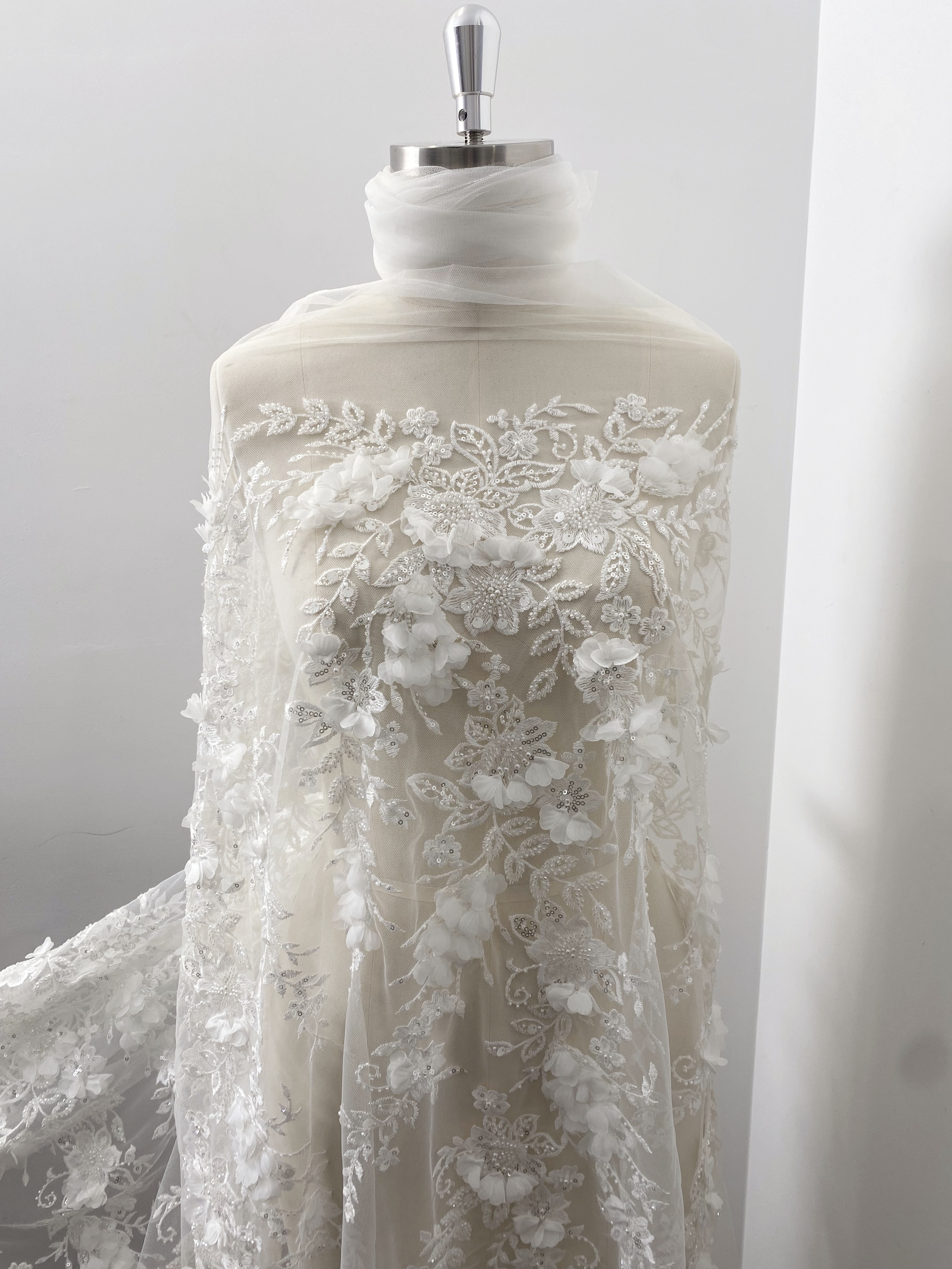 Ivory 3D Flower Lace Fabric with Pearls, Beaded Embroidered Tulle Lace For Bridal Veil Wedding Dress Prom, Evening gown, by 1 Yard