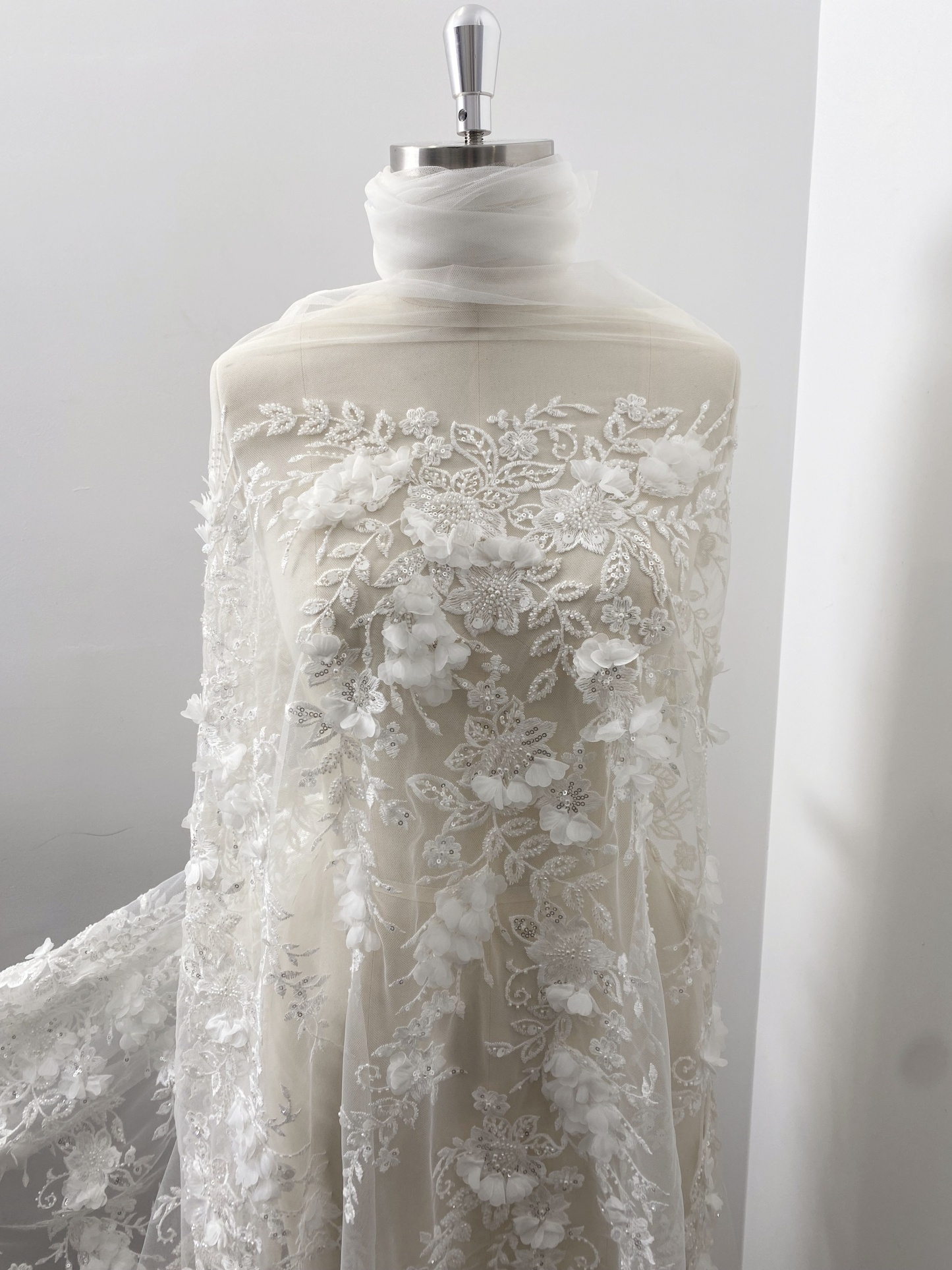 Ivory 3D Flower Lace Fabric with Pearls, Beaded Embroidered Tulle Lace For Bridal Veil Wedding Dress Prom, Evening gown, by 1 Yard