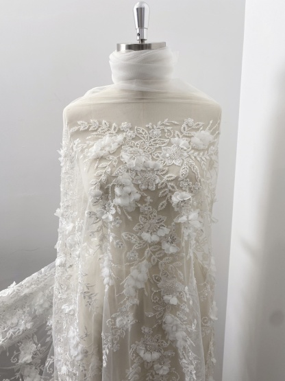 Ivory 3D Flower Lace Fabric with Pearls, Beaded Embroidered Tulle Lace For Bridal Veil Wedding Dress Prom, Evening gown, by 1 Yard