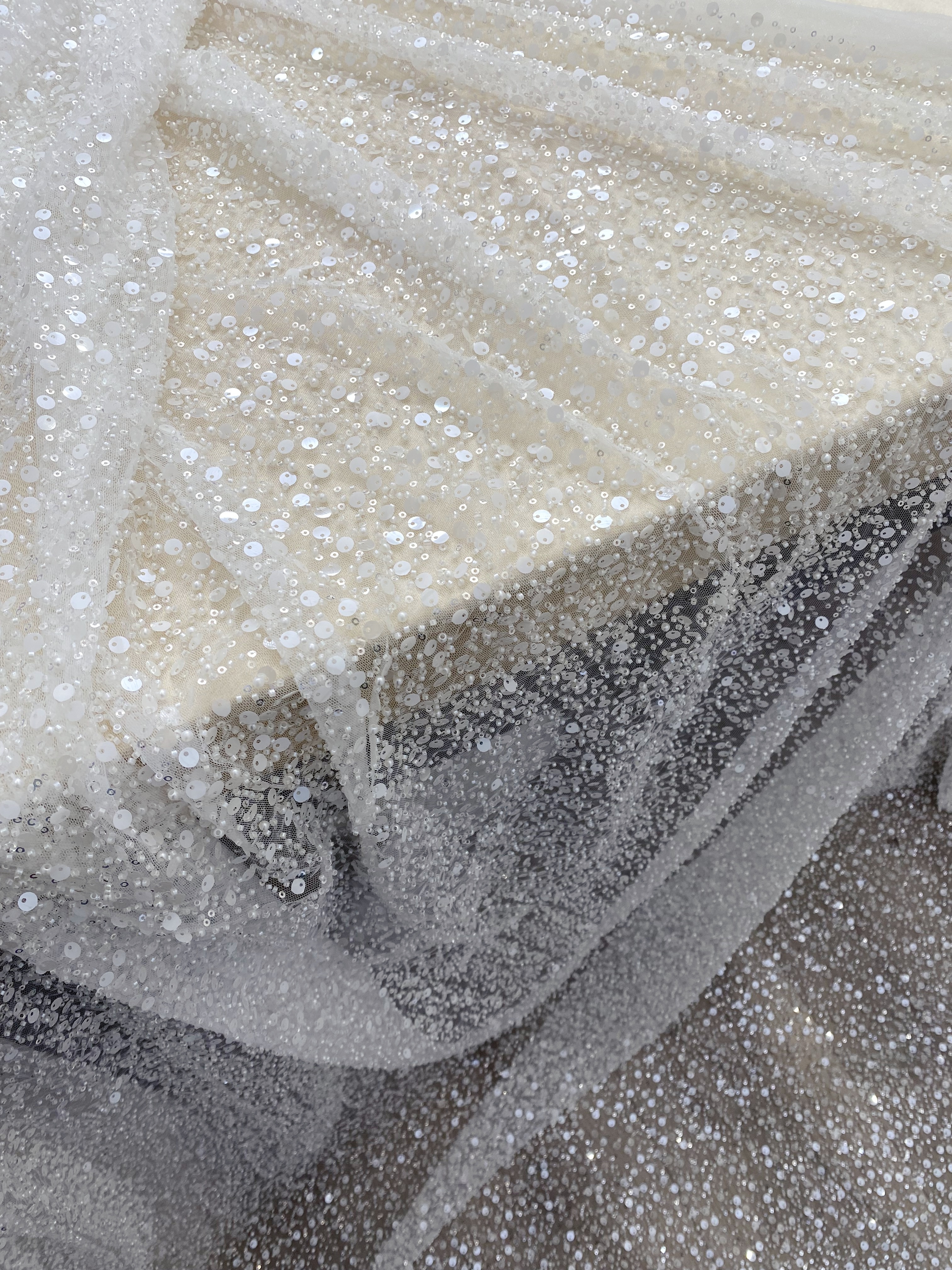 Beads and Sequined Tulle Fabric, Off-White Sequined Bridal Mesh Lace Fabric for Wedding Dress Veil Bridal Gown, Sold by 1 Yard