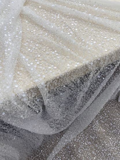 Beads and Sequined Tulle Fabric, Off-White Sequined Bridal Mesh Lace Fabric for Wedding Dress Veil Bridal Gown, Sold by 1 Yard