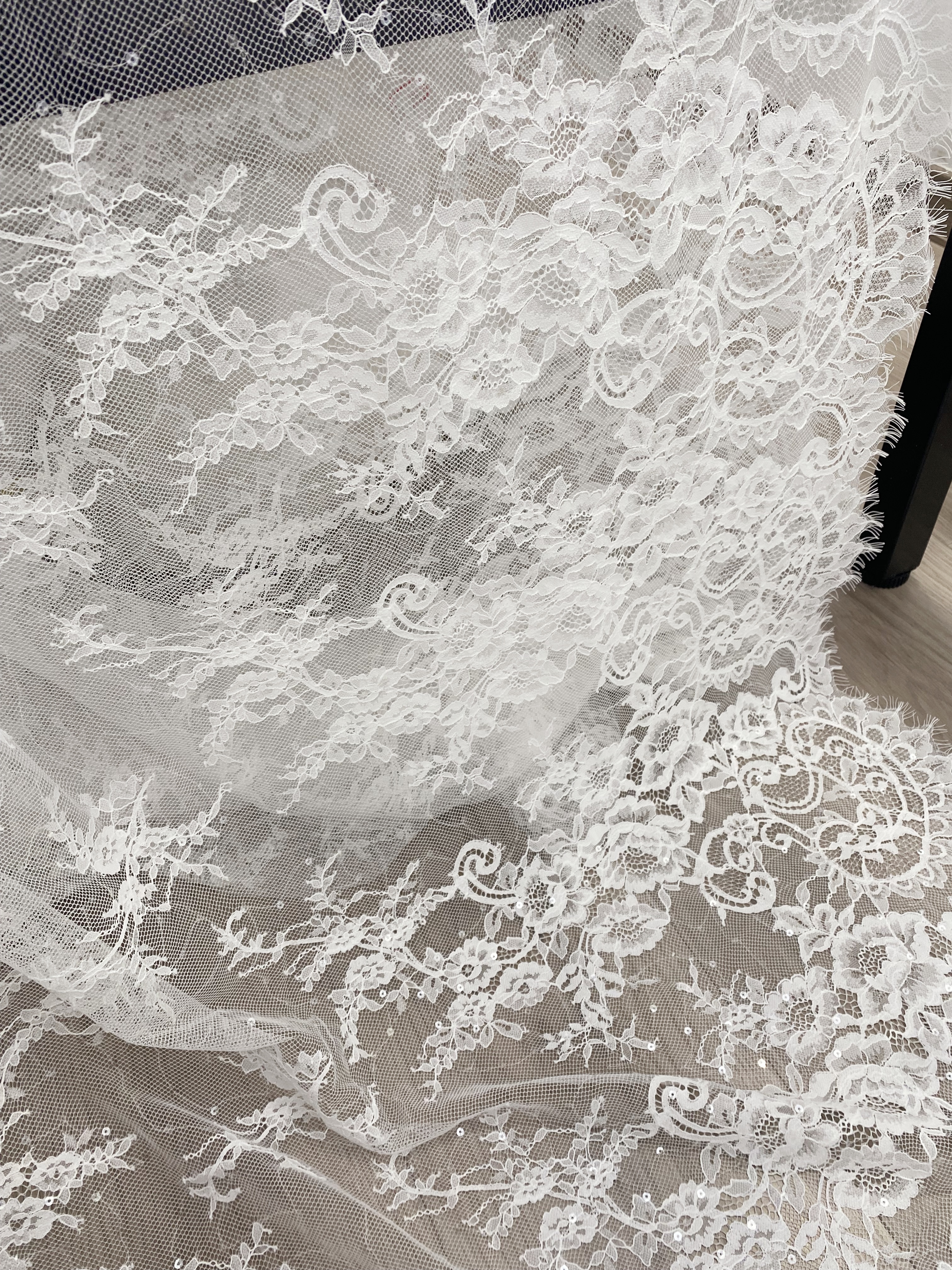 3 Meter French Chantilly Lace Fabric with Sequins, White Soft Wedding Lace with Scalloped Edge for Wedding Dress Veil Lace Robe