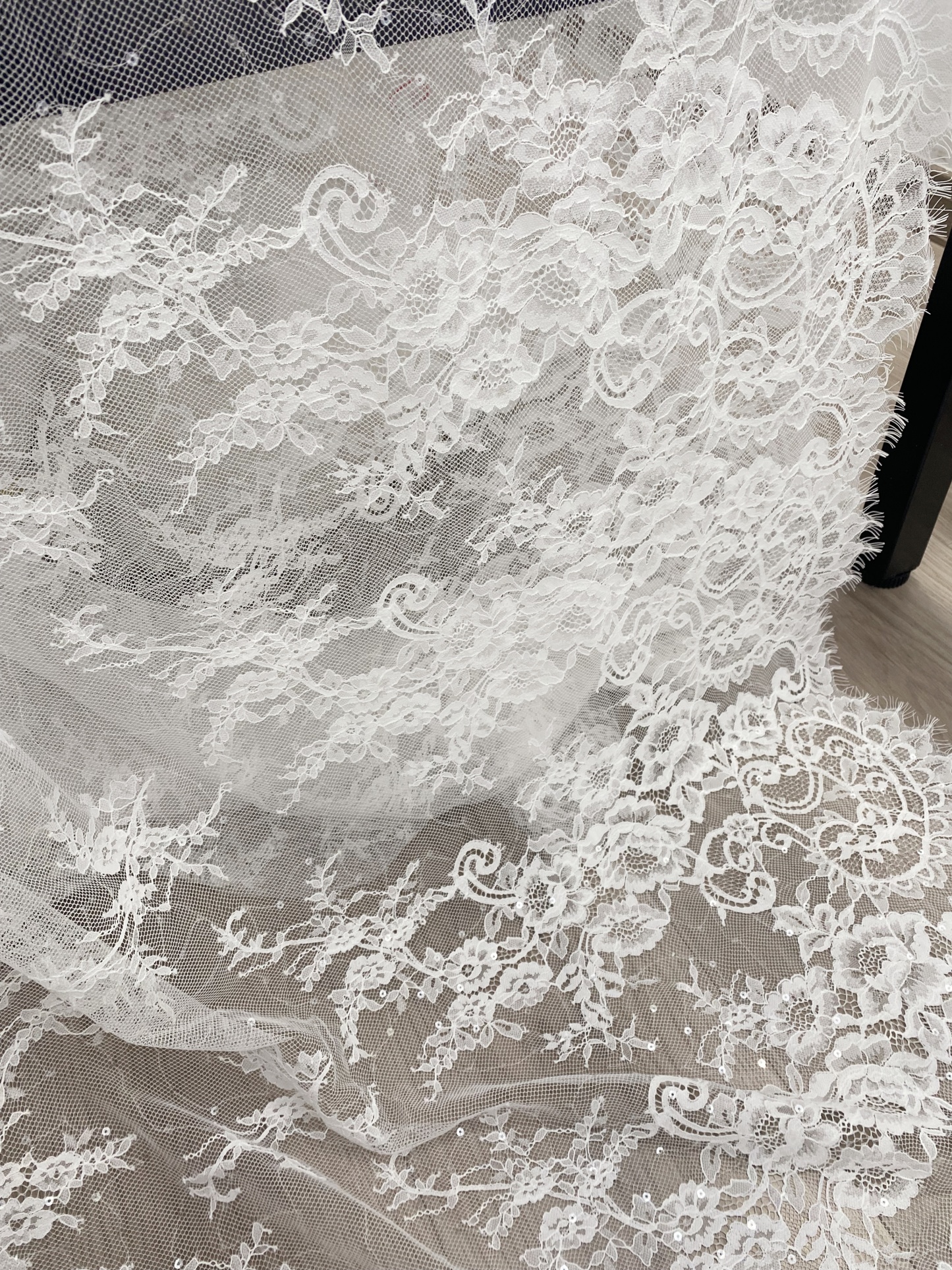 3 Meter French Chantilly Lace Fabric with Sequins, White Soft Wedding Lace with Scalloped Edge for Wedding Dress Veil Lace Robe