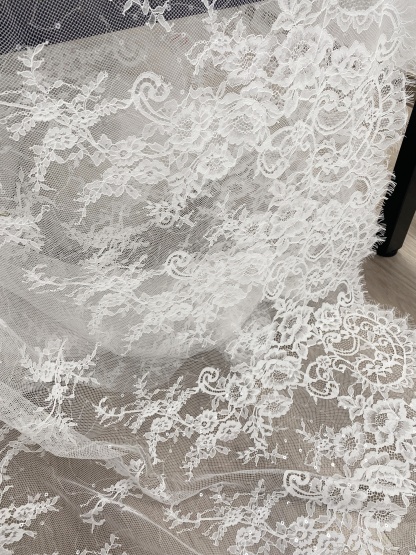 3 Meter French Chantilly Lace Fabric with Sequins, White Soft Wedding Lace with Scalloped Edge for Wedding Dress Veil Lace Robe
