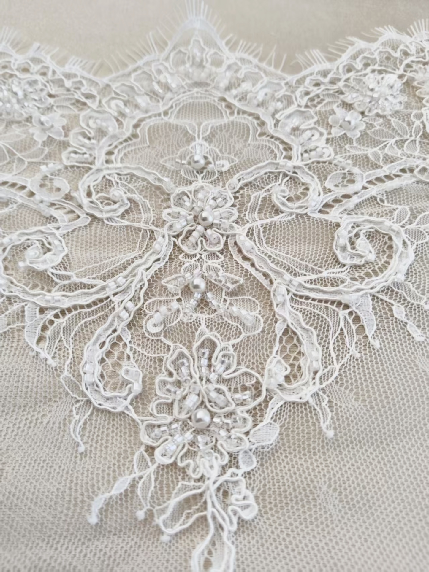 French Chantilly Lace Double Side Scalloped Beaded Lace Trim with Eyelash，Veil Lace Fabric, Bridal Wedding Accessories，Sold as 3-Meter Piece