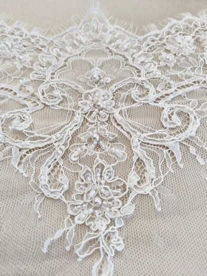 French Chantilly Lace Double Side Scalloped Beaded Lace Trim with Eyelash，Veil Lace Fabric, Bridal Wedding Accessories，Sold as 3-Meter Piece