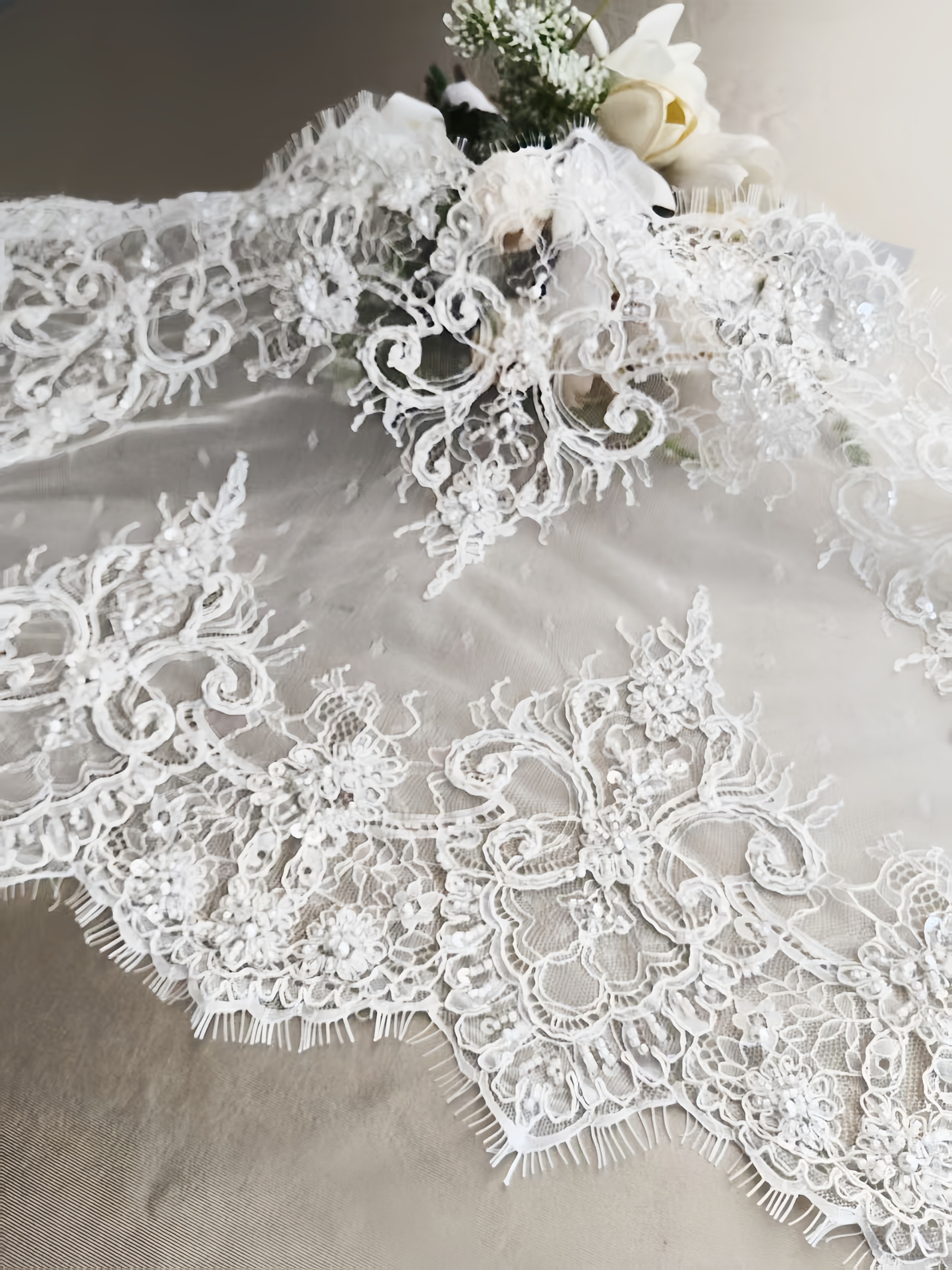 French Chantilly Lace Double Side Scalloped Beaded Lace Trim with Eyelash，Veil Lace Fabric, Bridal Wedding Accessories，Sold as 3-Meter Piece