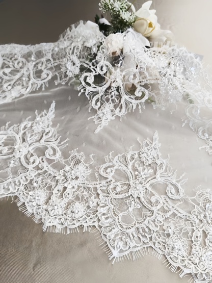 French Chantilly Lace Double Side Scalloped Beaded Lace Trim with Eyelash，Veil Lace Fabric, Bridal Wedding Accessories，Sold as 3-Meter Piece