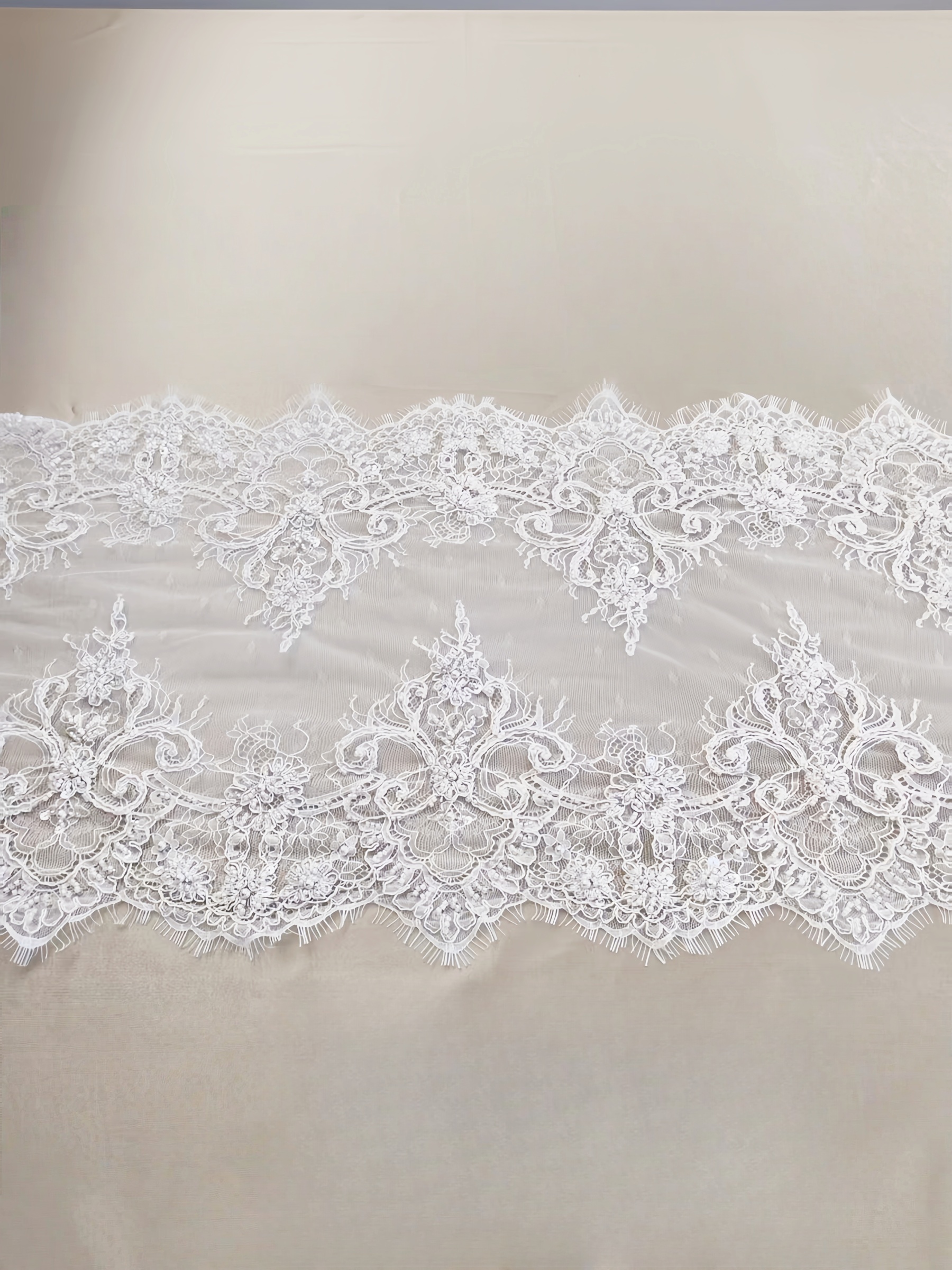 French Chantilly Lace Double Side Scalloped Beaded Lace Trim with Eyelash，Veil Lace Fabric, Bridal Wedding Accessories，Sold as 3-Meter Piece