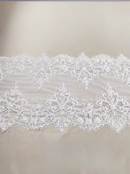 French Chantilly Lace Double Side Scalloped Beaded Lace Trim with Eyelash，Veil Lace Fabric, Bridal Wedding Accessories，Sold as 3-Meter Piece