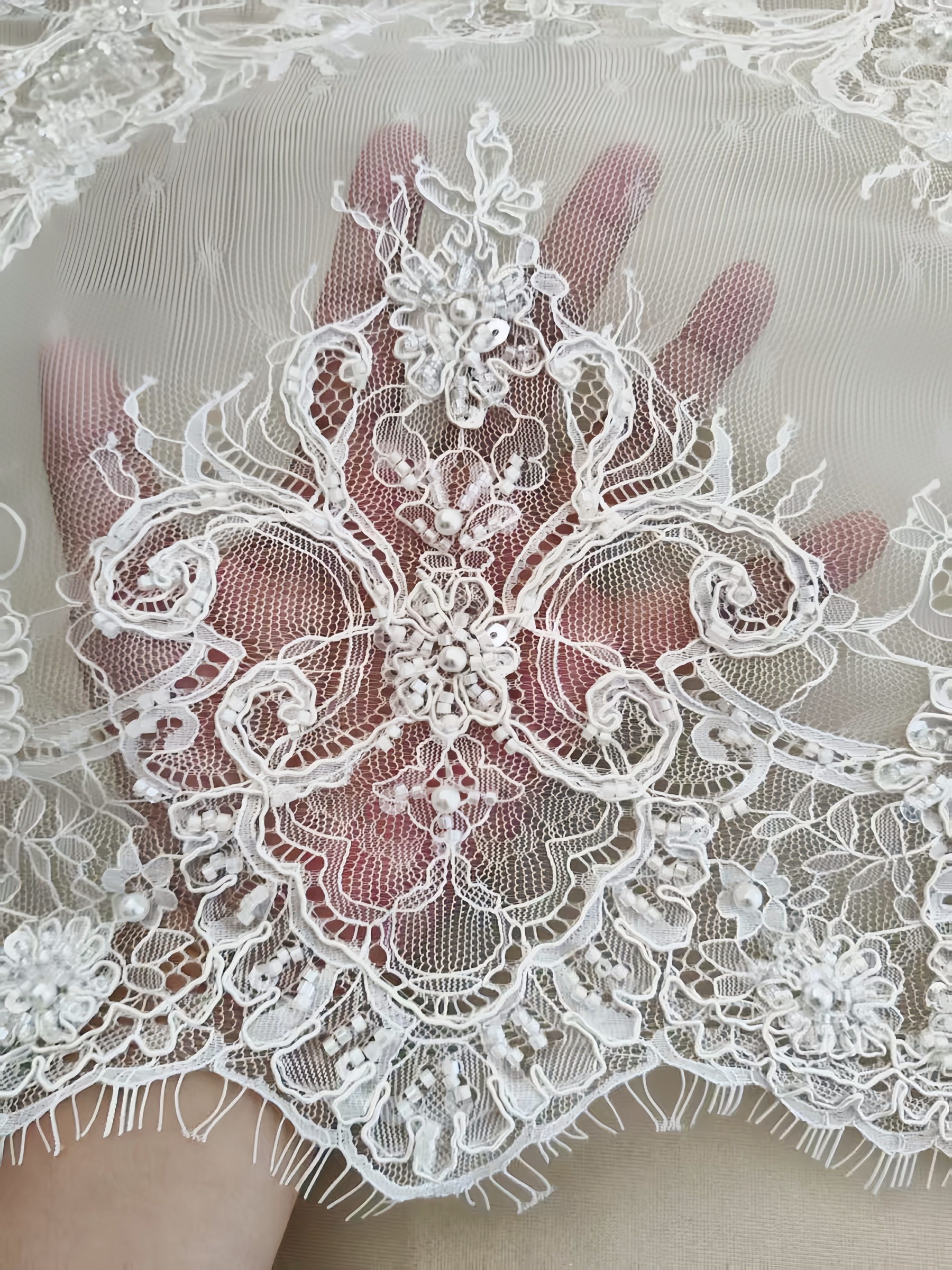 French Chantilly Lace Double Side Scalloped Beaded Lace Trim with Eyelash，Veil Lace Fabric, Bridal Wedding Accessories，Sold as 3-Meter Piece