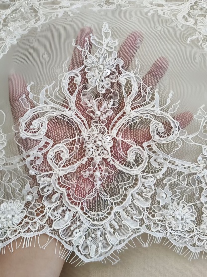 French Chantilly Lace Double Side Scalloped Beaded Lace Trim with Eyelash，Veil Lace Fabric, Bridal Wedding Accessories，Sold as 3-Meter Piece