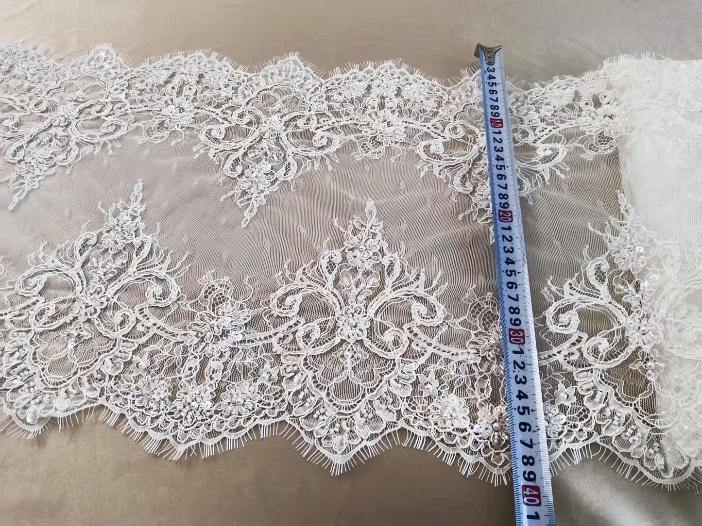 French Chantilly Lace Double Side Scalloped Beaded Lace Trim with Eyelash，Veil Lace Fabric, Bridal Wedding Accessories，Sold as 3-Meter Piece