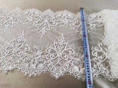 French Chantilly Lace Double Side Scalloped Beaded Lace Trim with Eyelash，Veil Lace Fabric, Bridal Wedding Accessories，Sold as 3-Meter Piece