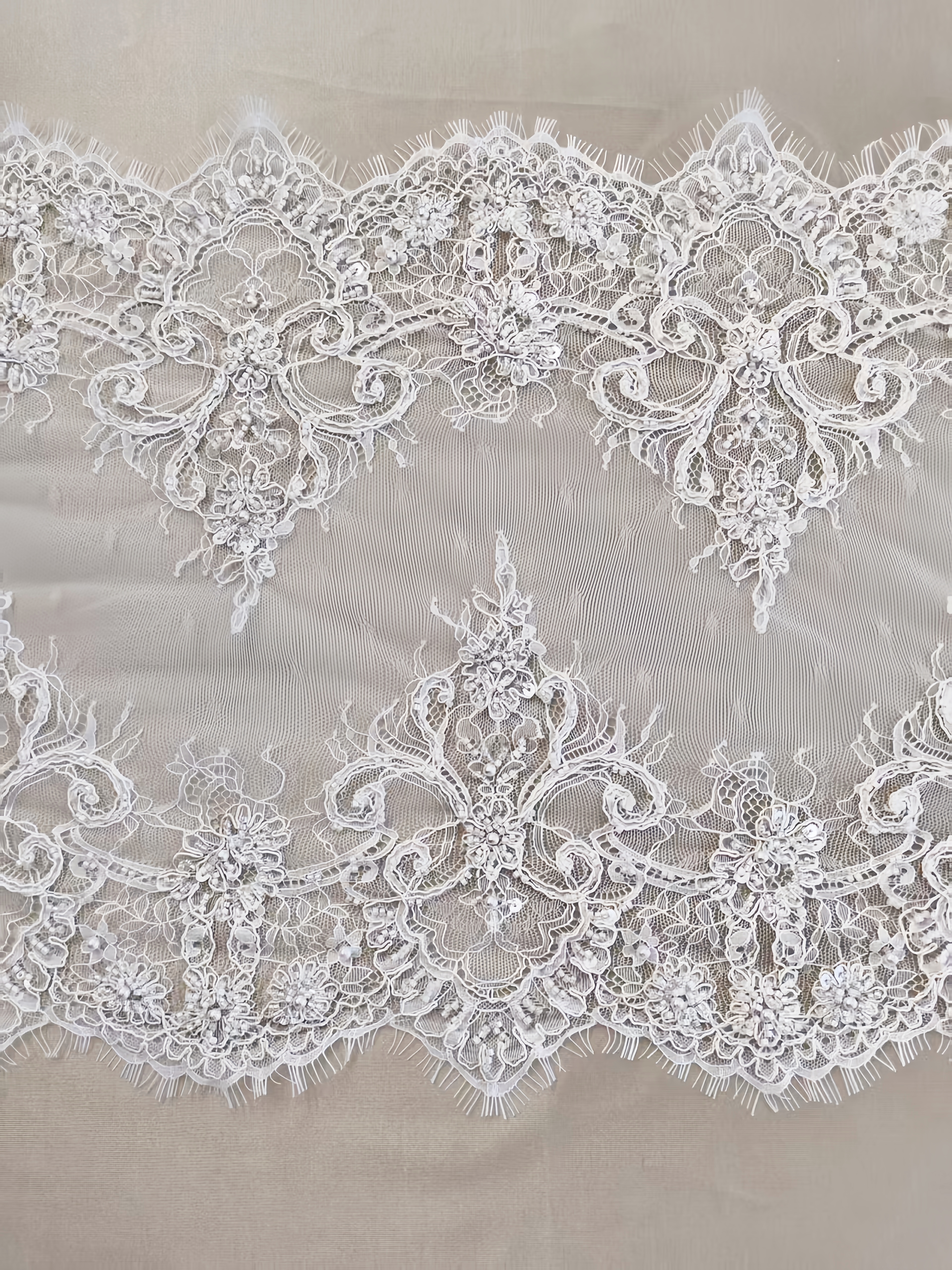 French Chantilly Lace Double Side Scalloped Beaded Lace Trim with Eyelash，Veil Lace Fabric, Bridal Wedding Accessories，Sold as 3-Meter Piece