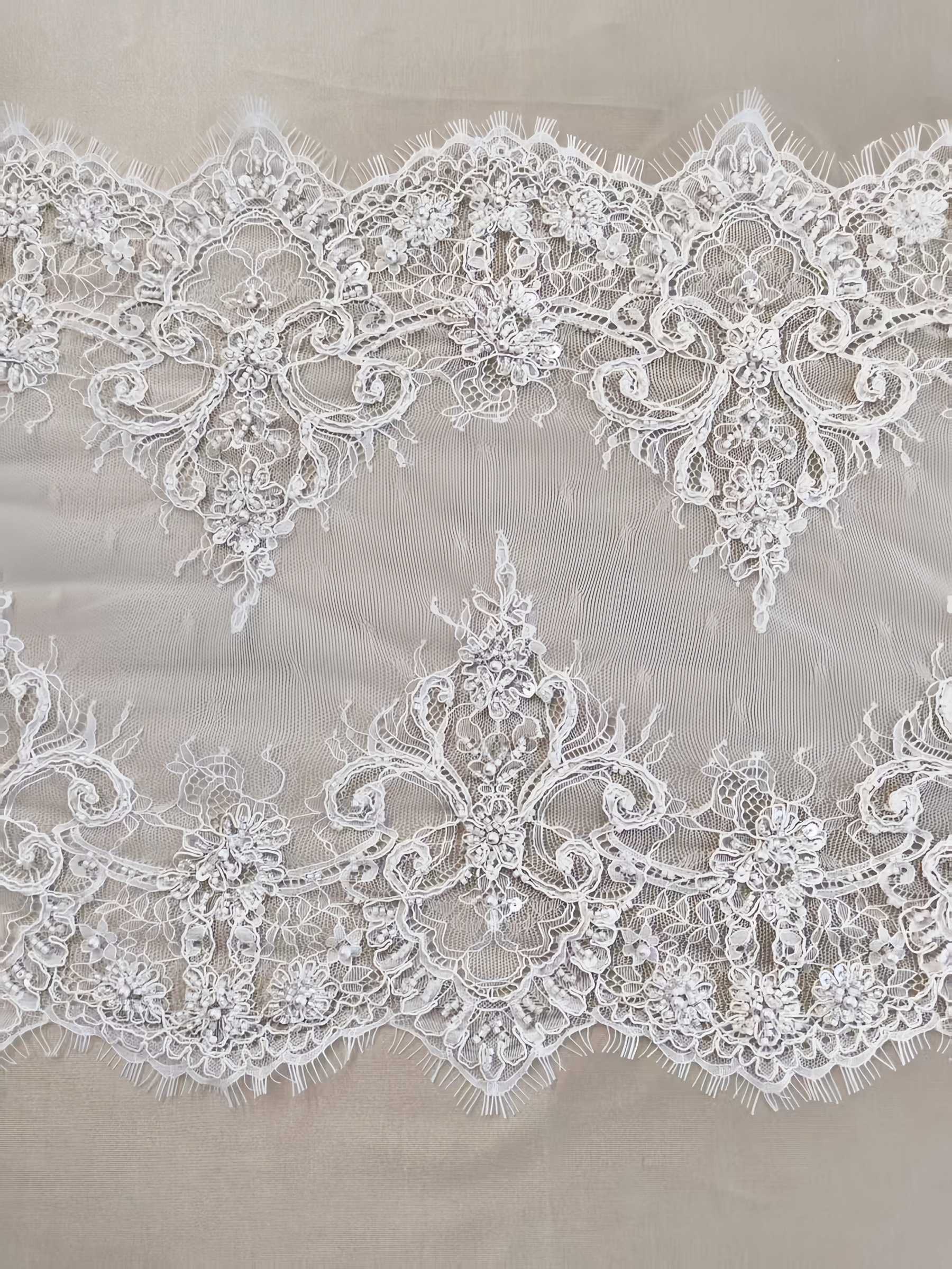 French Chantilly Lace Double Side Scalloped Beaded Lace Trim with Eyelash，Veil Lace Fabric, Bridal Wedding Accessories，Sold as 3-Meter Piece
