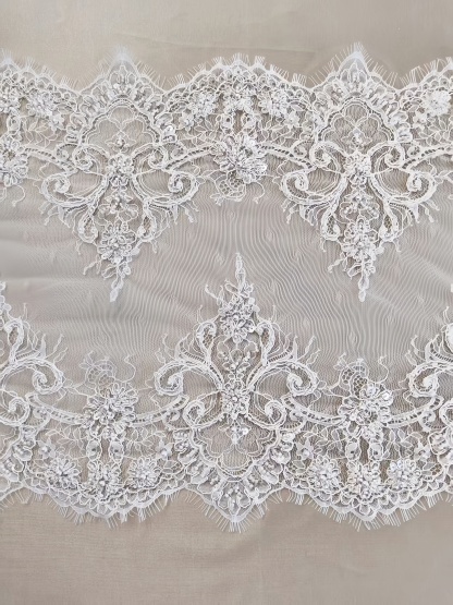 French Chantilly Lace Double Side Scalloped Beaded Lace Trim with Eyelash，Veil Lace Fabric, Bridal Wedding Accessories，Sold as 3-Meter Piece