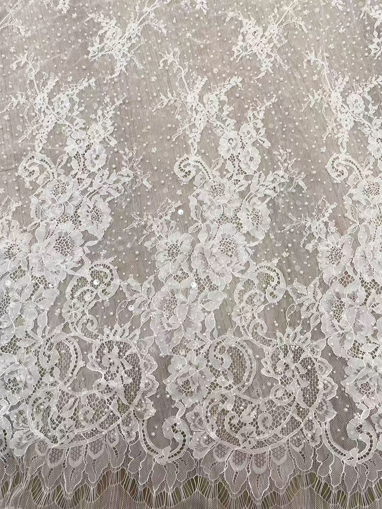 2026 White Pearl Chantilly French Eyelash Lace Fabric, Beaded Floral Scalloped Lace Fabric for Wedding Dress Veils, Price per 3 Meters